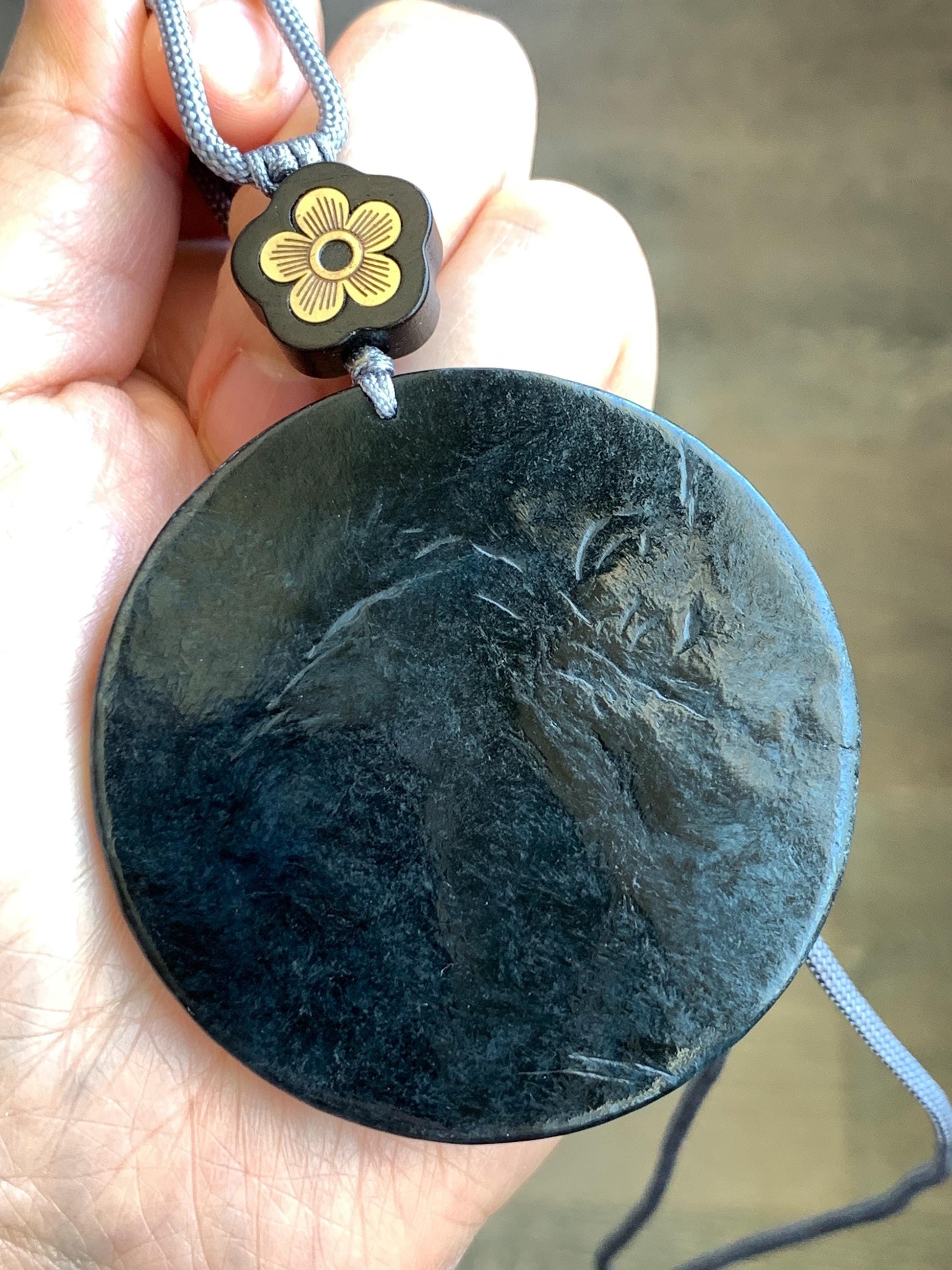 Large Natural Grade A Guatemalan Opaque Black Jadeite Carved Shan Shui Scenery Landscape Pendant Rope Necklace 32” 47g 天然危墨翠翡翠山水牌吊坠 WQM280