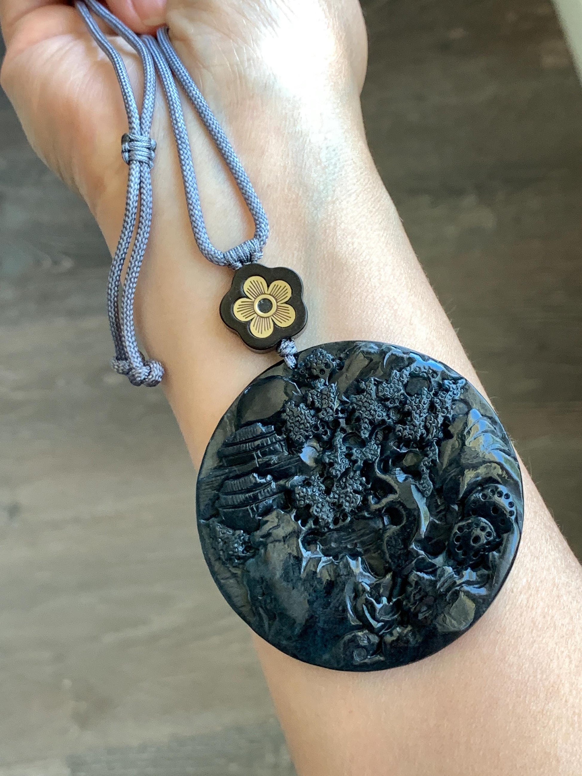Large Natural Grade A Guatemalan Opaque Black Jadeite Carved Shan Shui Scenery Landscape Pendant Rope Necklace 32” 47g 天然危墨翠翡翠山水牌吊坠 WQM280