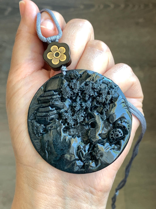 Large Natural Grade A Guatemalan Opaque Black Jadeite Carved Shan Shui Scenery Landscape Pendant Rope Necklace 32” 47g 天然危墨翠翡翠山水牌吊坠 WQM280