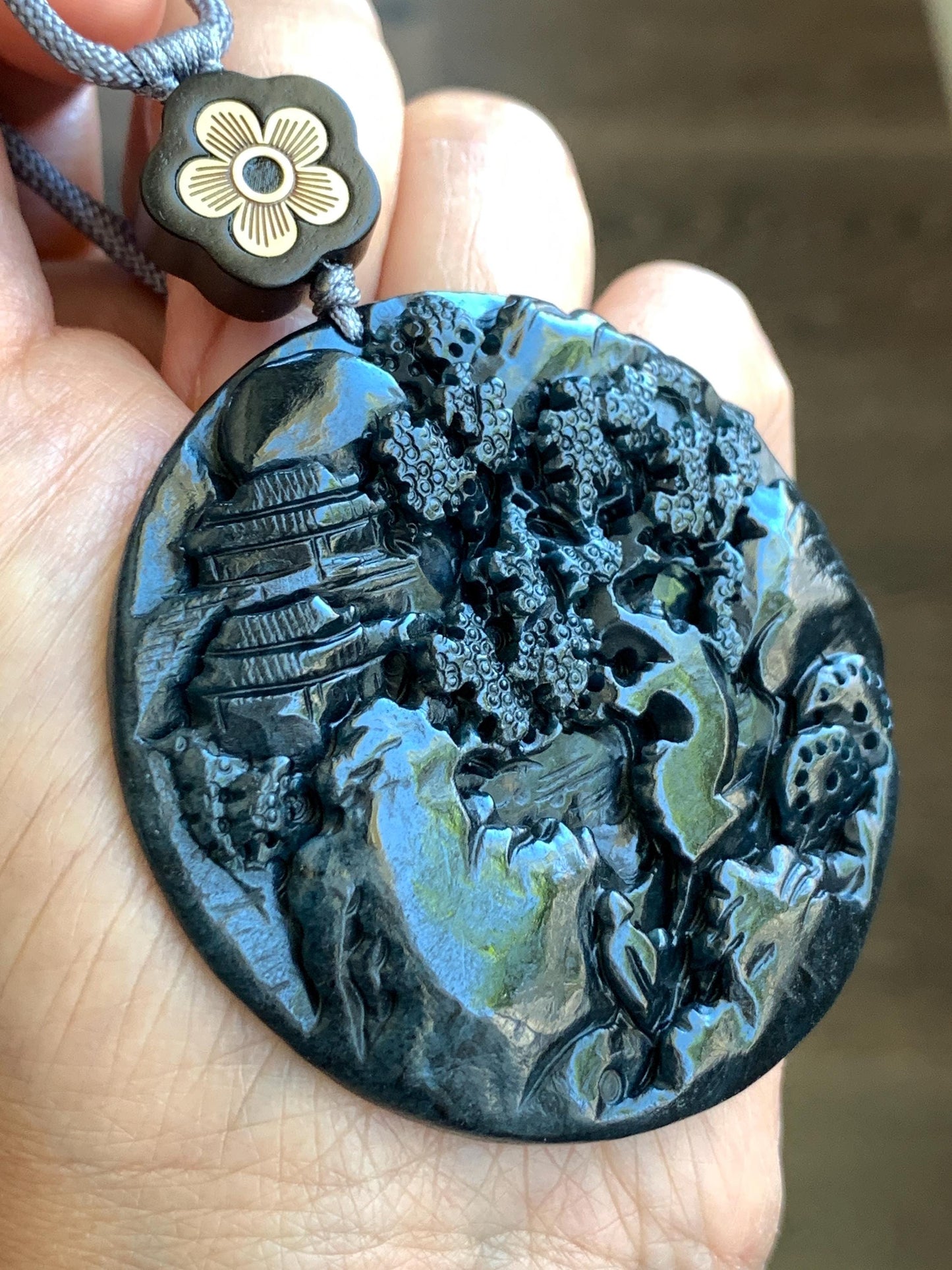 Large Natural Grade A Guatemalan Opaque Black Jadeite Carved Shan Shui Scenery Landscape Pendant Rope Necklace 32” 47g 天然危墨翠翡翠山水牌吊坠 WQM280