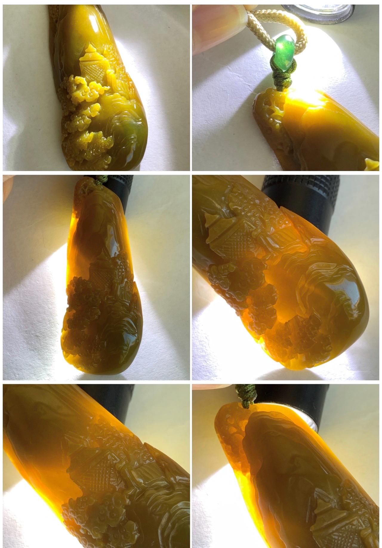 Natural Grade A Guatemalan Icy Translucent Golden Brown Jadeite Shan Shui Landscape Pendant Rope Necklace 32" 23g 天然冰危油黄翡翠精工雕山水吊坠项链 JYH280
