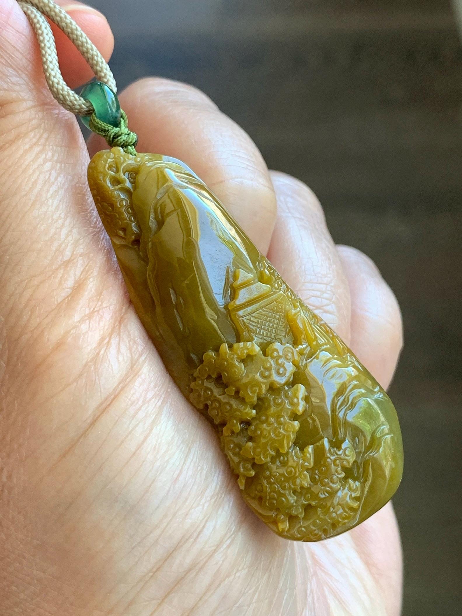 Natural Grade A Guatemalan Icy Translucent Golden Brown Jadeite Shan Shui Landscape Pendant Rope Necklace 32" 23g 天然冰危油黄翡翠精工雕山水吊坠项链 JYH280