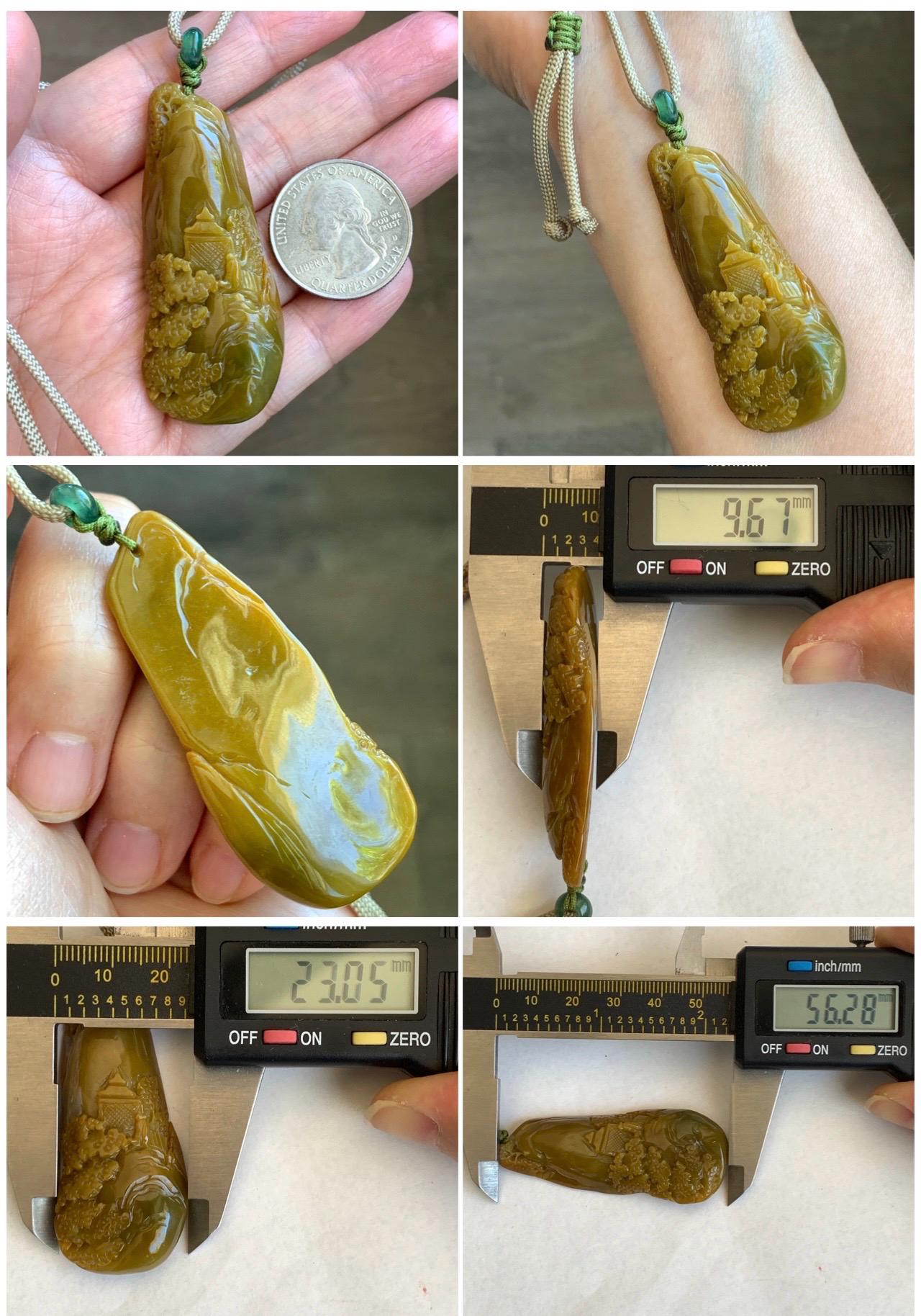 Natural Grade A Guatemalan Icy Translucent Golden Brown Jadeite Shan Shui Landscape Pendant Rope Necklace 32" 23g 天然冰危油黄翡翠精工雕山水吊坠项链 JYH280