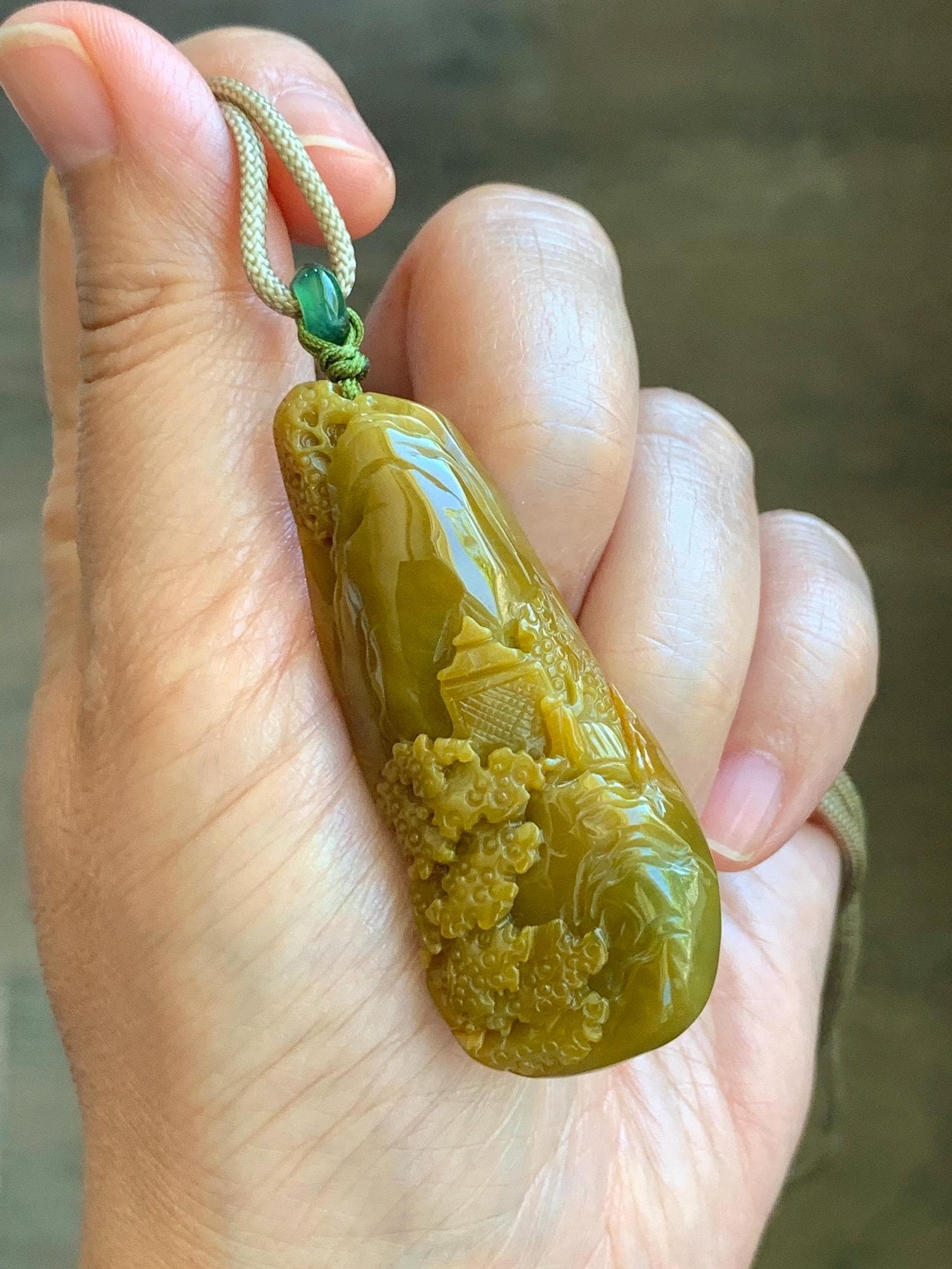 Natural Grade A Guatemalan Icy Translucent Golden Brown Jadeite Shan Shui Landscape Pendant Rope Necklace 32" 23g 天然冰危油黄翡翠精工雕山水吊坠项链 JYH280
