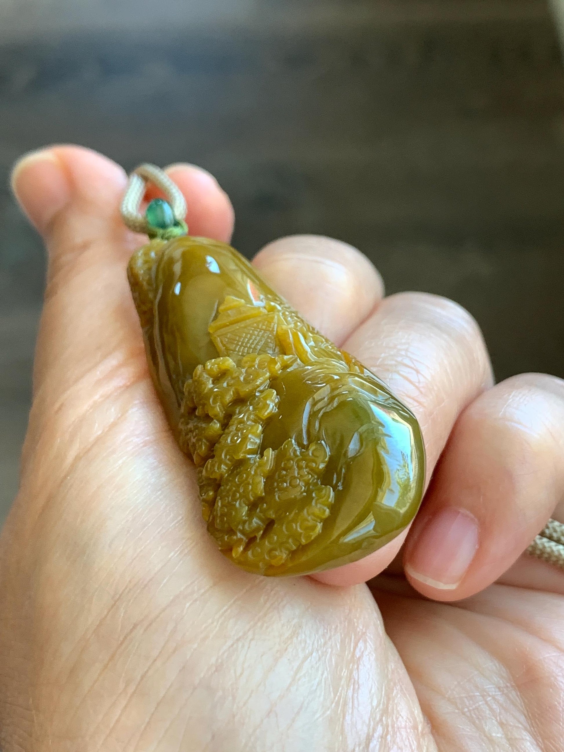 Natural Grade A Guatemalan Icy Translucent Golden Brown Jadeite Shan Shui Landscape Pendant Rope Necklace 32" 23g 天然冰危油黄翡翠精工雕山水吊坠项链 JYH280