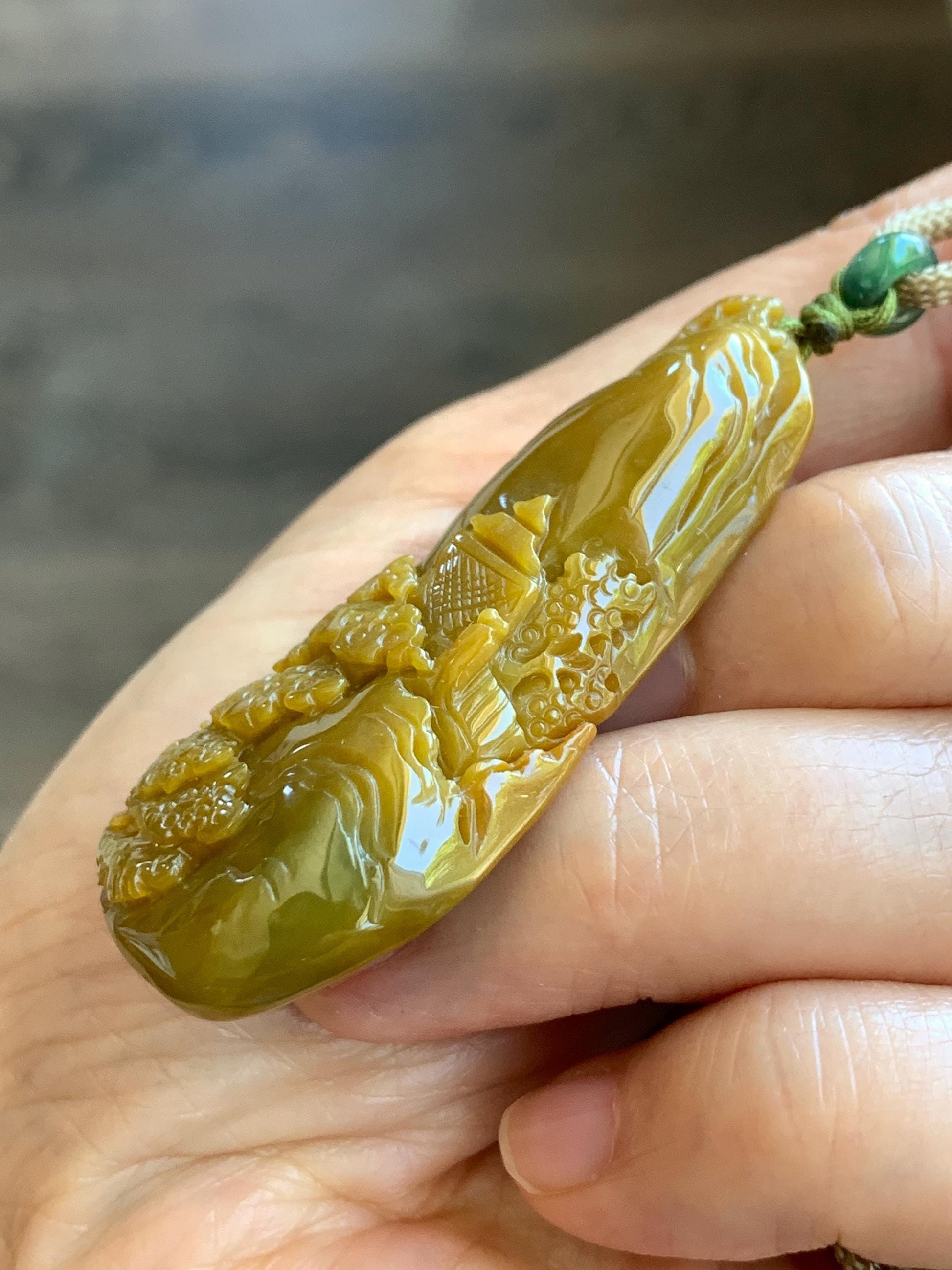 Natural Grade A Guatemalan Icy Translucent Golden Brown Jadeite Shan Shui Landscape Pendant Rope Necklace 32" 23g 天然冰危油黄翡翠精工雕山水吊坠项链 JYH280