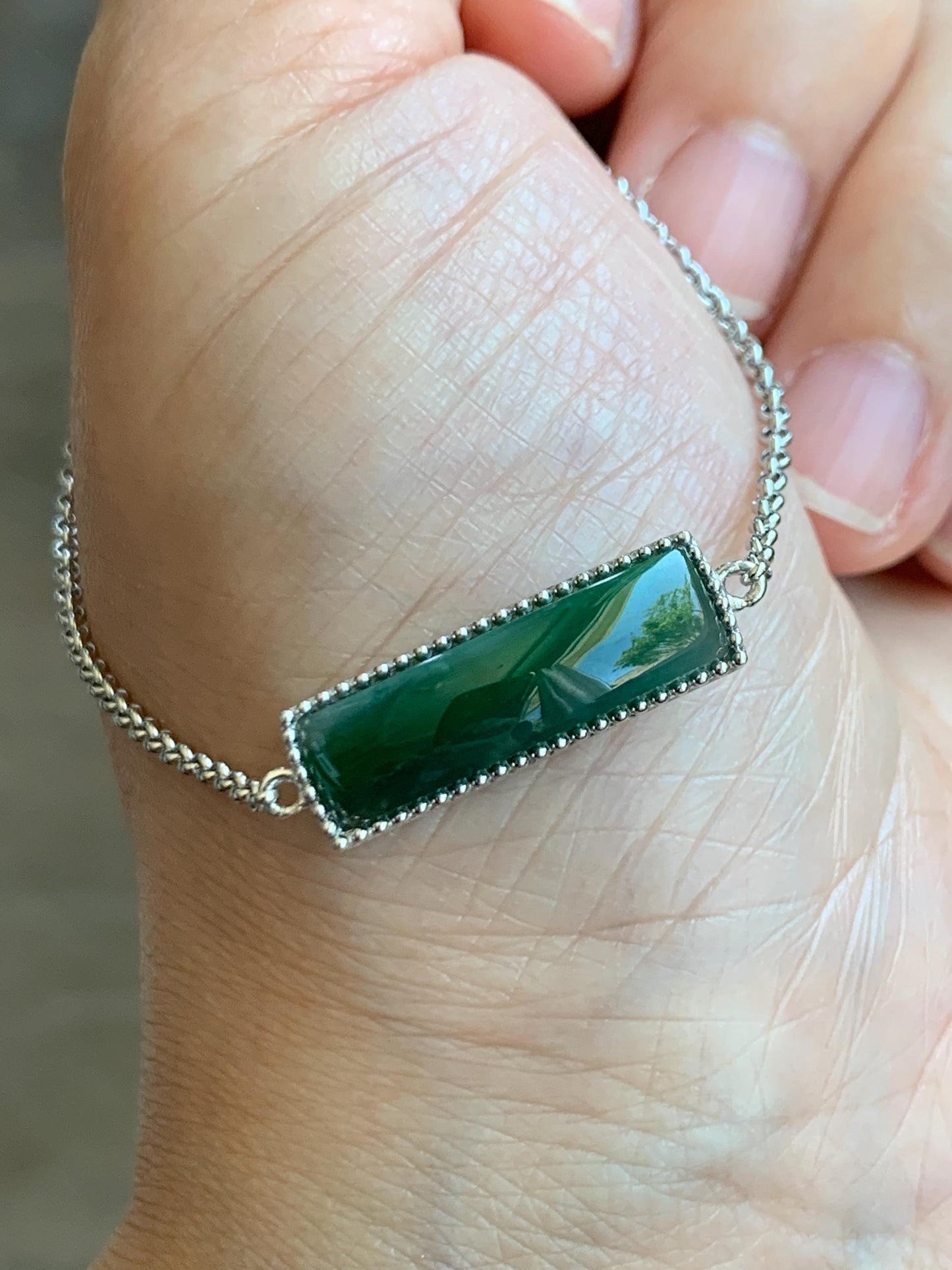 Certified Natural Guatemalan Icy Translucent Rich Teal Green Jadeite Saddle Cut Chain Bracelet Sterling Silver 6.25”-7.5” 天然冰危绿翡翠马鞍银镶手链 9463
