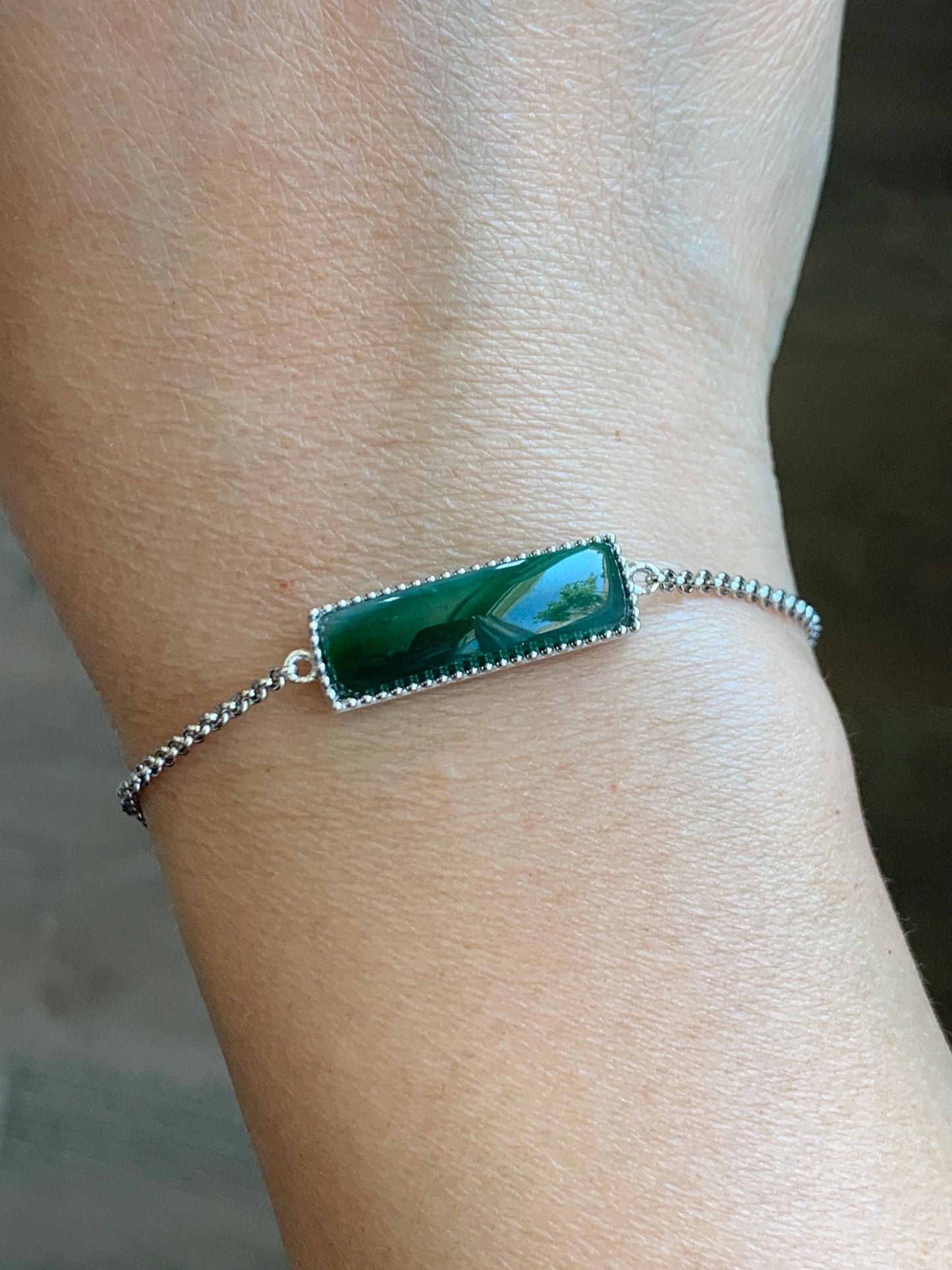Certified Natural Guatemalan Icy Translucent Rich Teal Green Jadeite Saddle Cut Chain Bracelet Sterling Silver 6.25”-7.5” 天然冰危绿翡翠马鞍银镶手链 9463