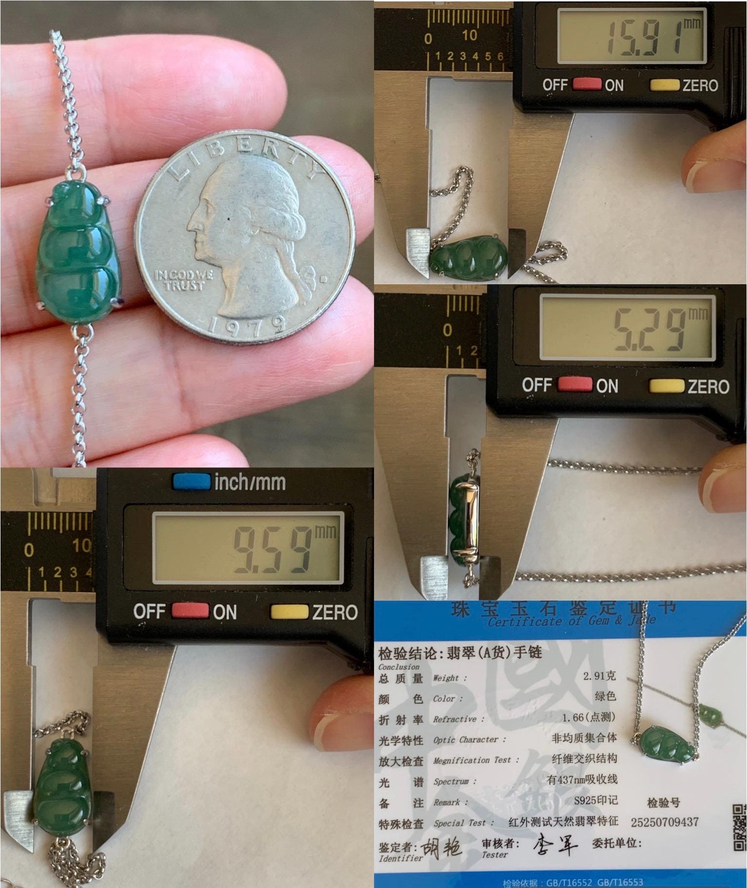 Certified Natural Grade A Icy Translucent Gelatinous Green Jadeite Peapod Chain Bracelet Sterling Silver 6.25”-8” 2.9g 天然冰胶绿翡翠福豆银镶手链 9437