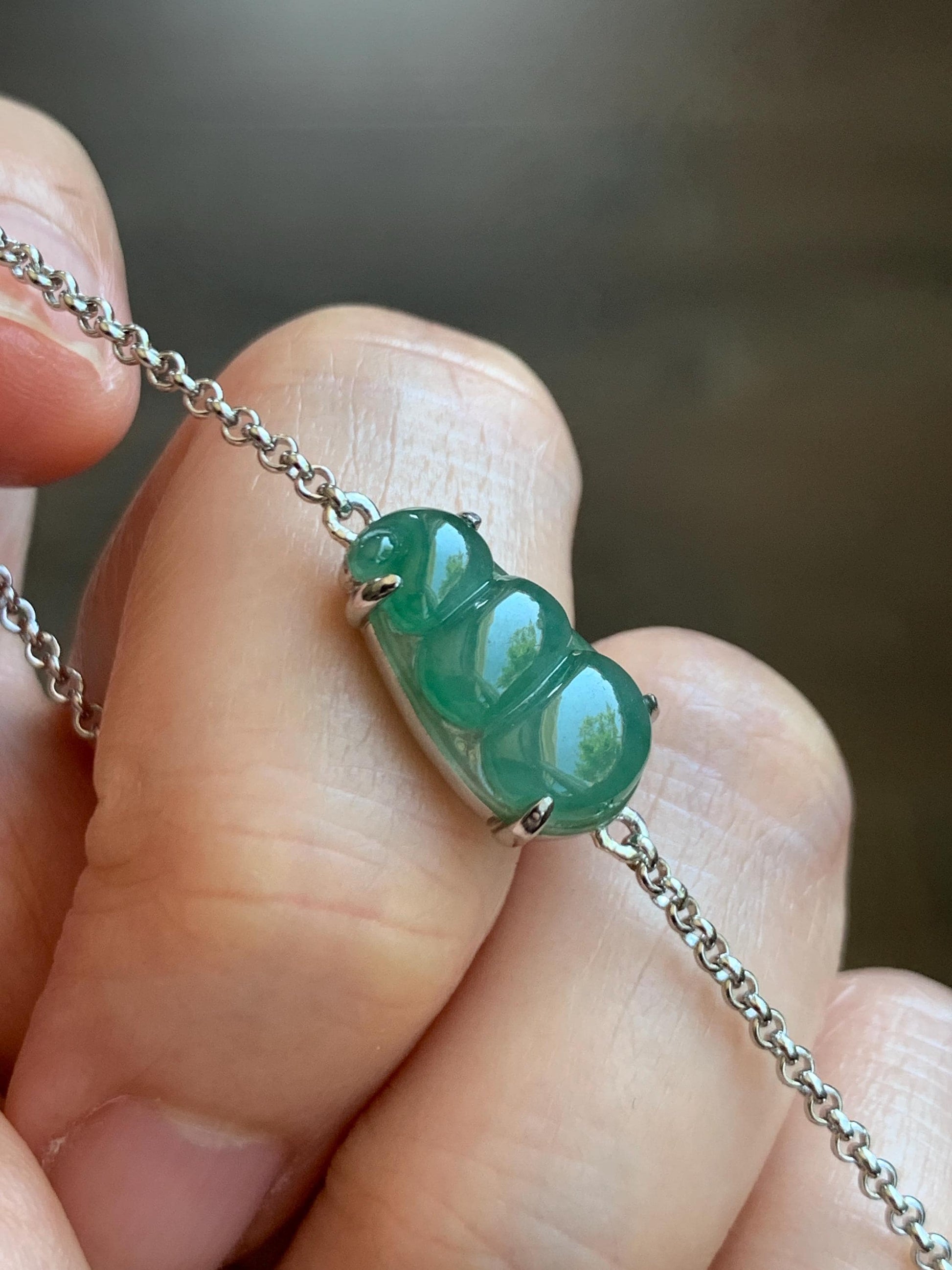 Certified Natural Grade A Icy Translucent Gelatinous Green Jadeite Peapod Chain Bracelet Sterling Silver 6.25”-8” 2.9g 天然冰胶绿翡翠福豆银镶手链 9437