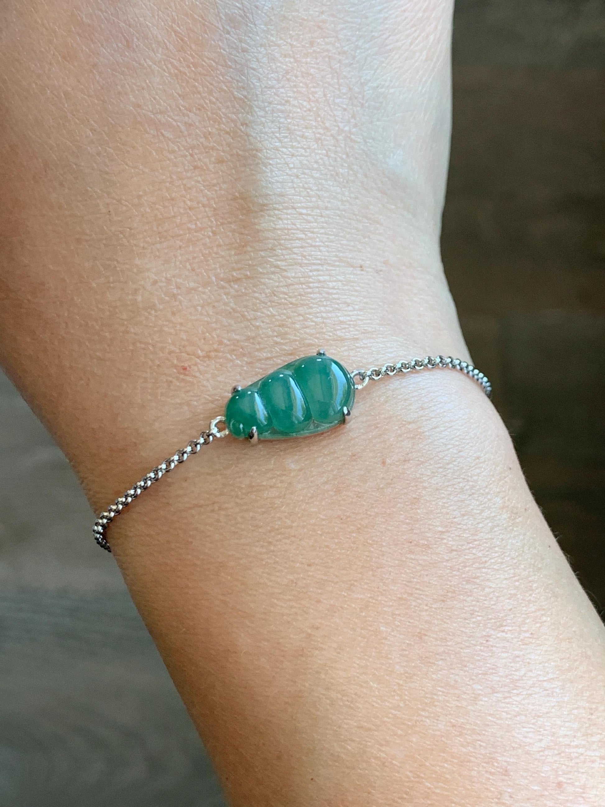 Certified Natural Grade A Icy Translucent Gelatinous Green Jadeite Peapod Chain Bracelet Sterling Silver 6.25”-8” 2.9g 天然冰胶绿翡翠福豆银镶手链 9437