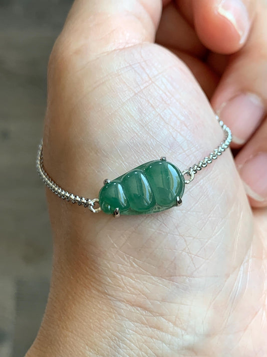 Certified Natural Grade A Icy Translucent Gelatinous Green Jadeite Peapod Chain Bracelet Sterling Silver 6.25”-8” 2.9g 天然冰胶绿翡翠福豆银镶手链 9437