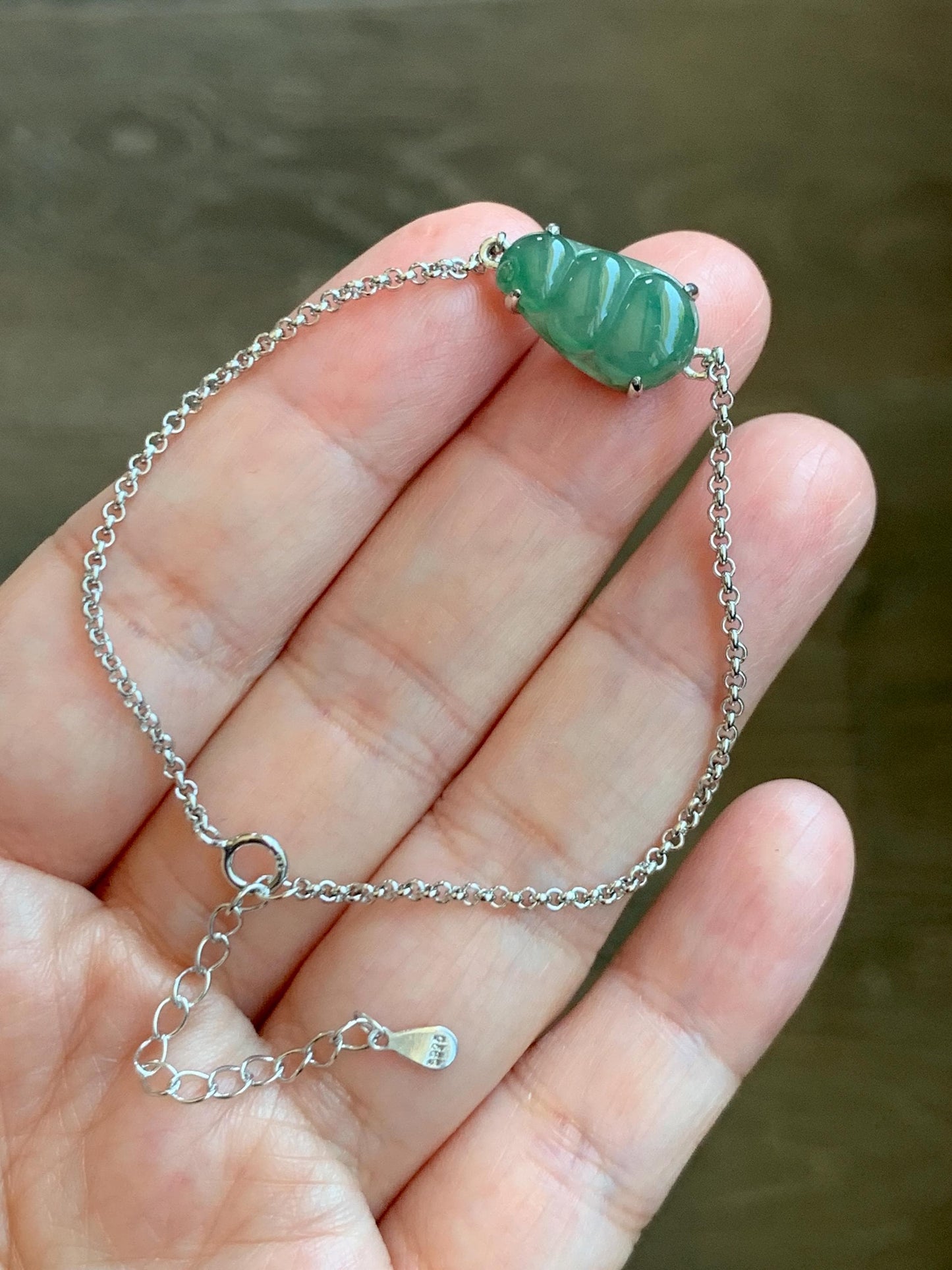 Certified Natural Grade A Icy Translucent Gelatinous Green Jadeite Peapod Chain Bracelet Sterling Silver 6.25”-8” 2.9g 天然冰胶绿翡翠福豆银镶手链 9437