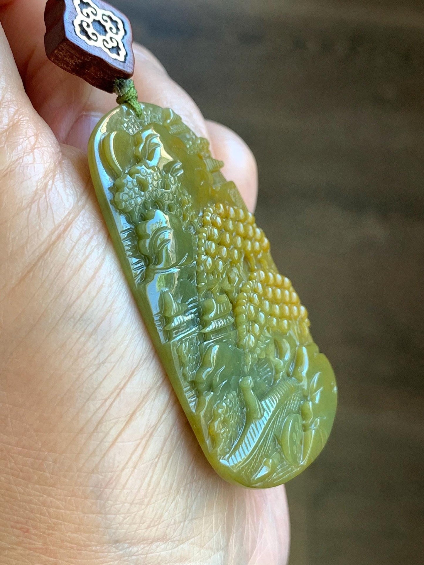 Certified Natural Guatemalan Icy Translucent Intense Yellow & Olive Green Jadeite Shan Shui Pendant Rope Necklace 30” 天然冰危鸡油黄加绿翡翠山水牌吊坠 9967