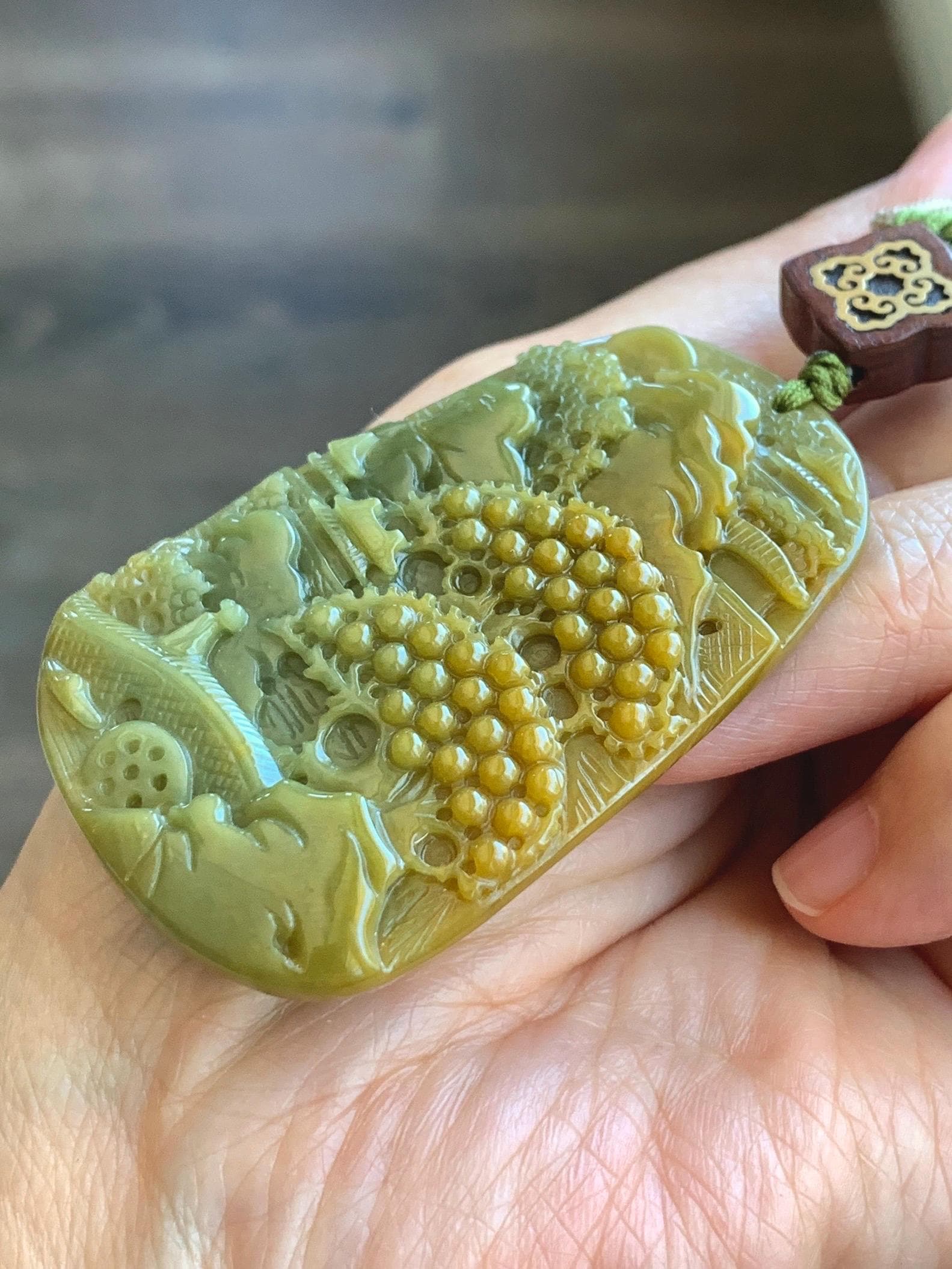 Certified Natural Guatemalan Icy Translucent Intense Yellow & Olive Green Jadeite Shan Shui Pendant Rope Necklace 30” 天然冰危鸡油黄加绿翡翠山水牌吊坠 9967