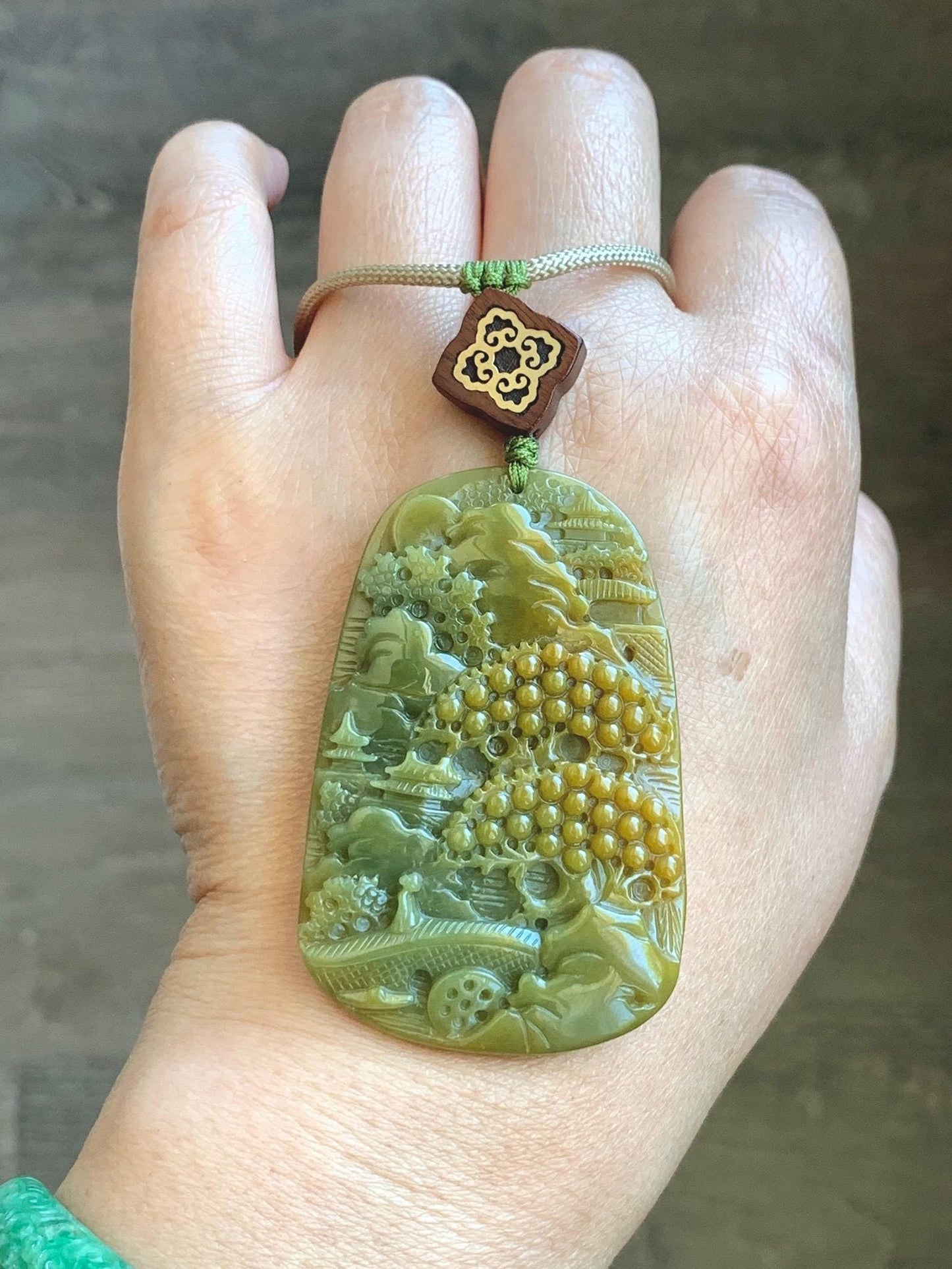 Certified Natural Guatemalan Icy Translucent Intense Yellow & Olive Green Jadeite Shan Shui Pendant Rope Necklace 30” 天然冰危鸡油黄加绿翡翠山水牌吊坠 9967
