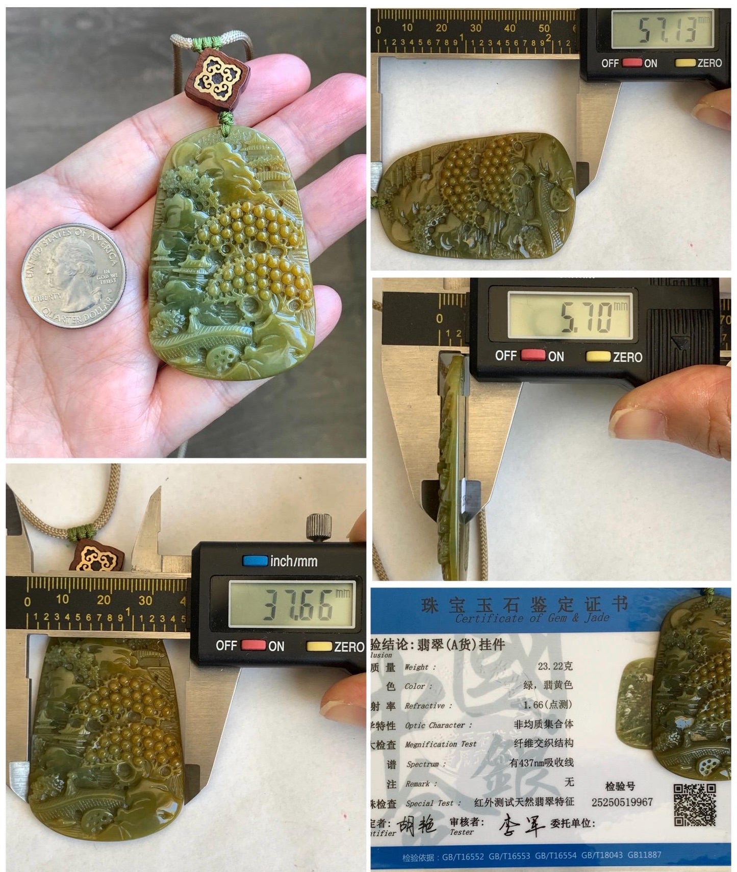 Certified Natural Guatemalan Icy Translucent Intense Yellow & Olive Green Jadeite Shan Shui Pendant Rope Necklace 30” 天然冰危鸡油黄加绿翡翠山水牌吊坠 9967