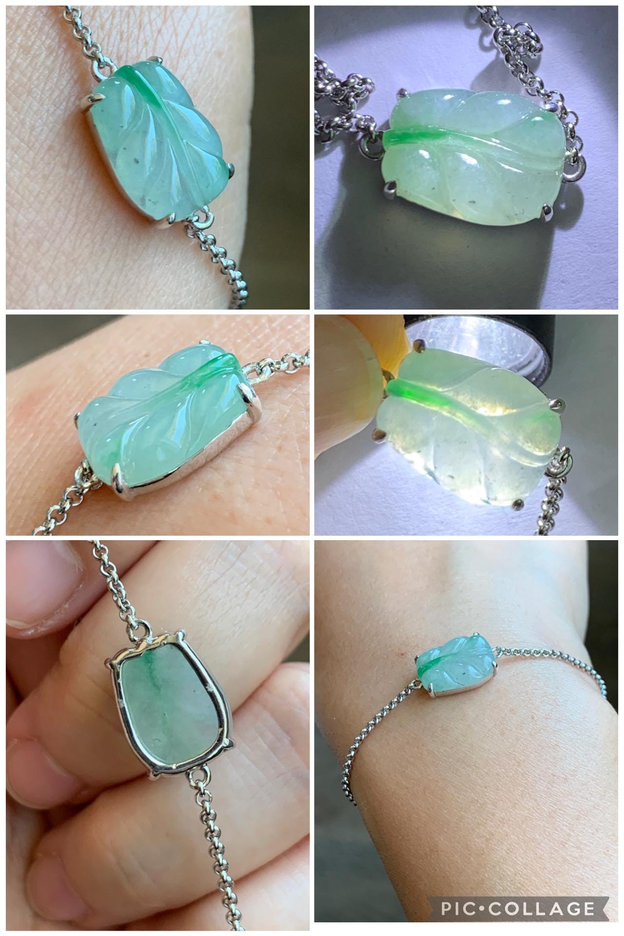 Certified Natural Grade A Icy Translucent Gelatinous Green Marbled Jadeite Leaf Chain Bracelet Sterling Silver 6”-7.75” 天然冰胶绿翡翠福豆银镶手链 9464