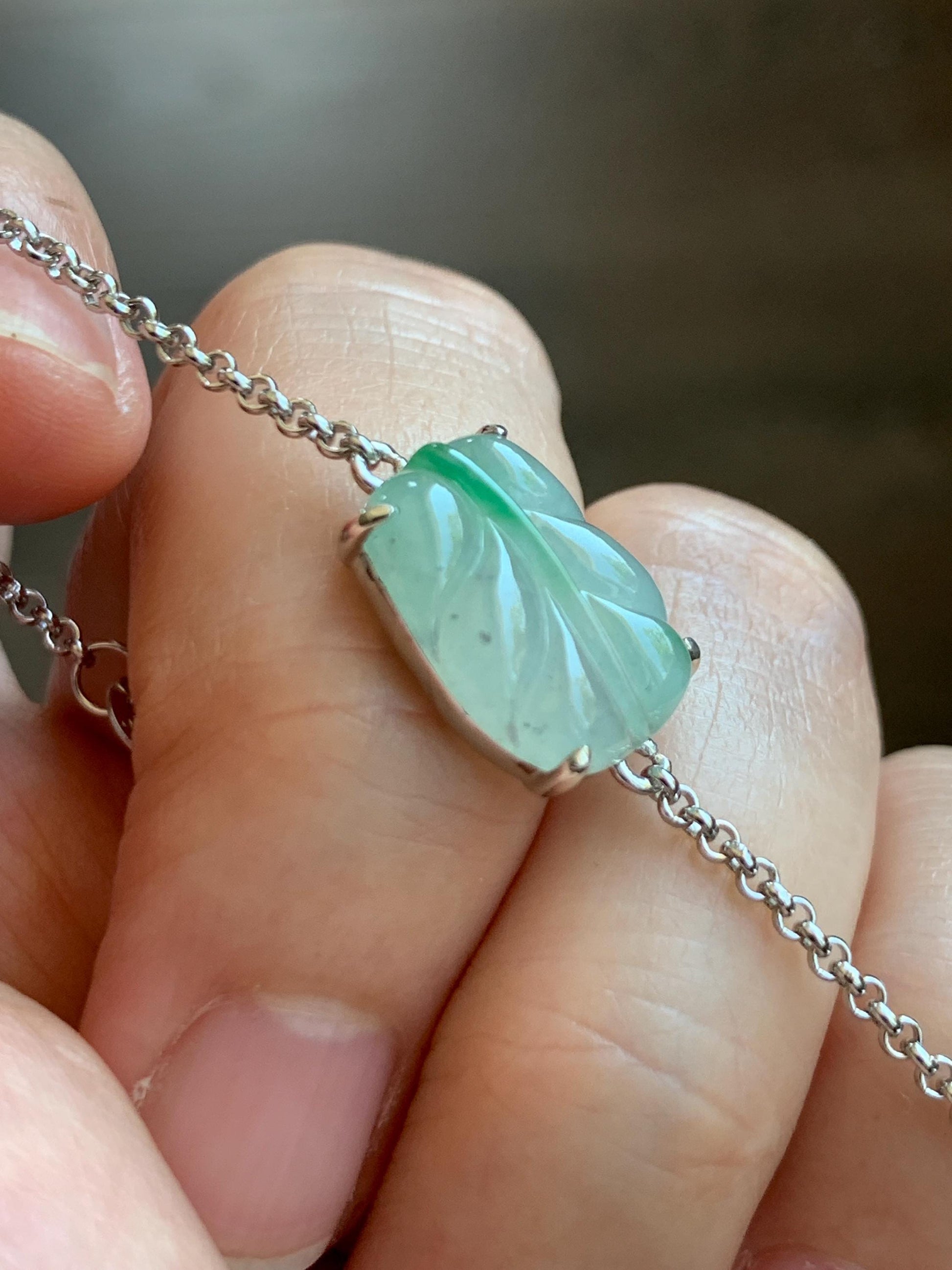 Certified Natural Grade A Icy Translucent Gelatinous Green Marbled Jadeite Leaf Chain Bracelet Sterling Silver 6”-7.75” 天然冰胶绿翡翠福豆银镶手链 9464