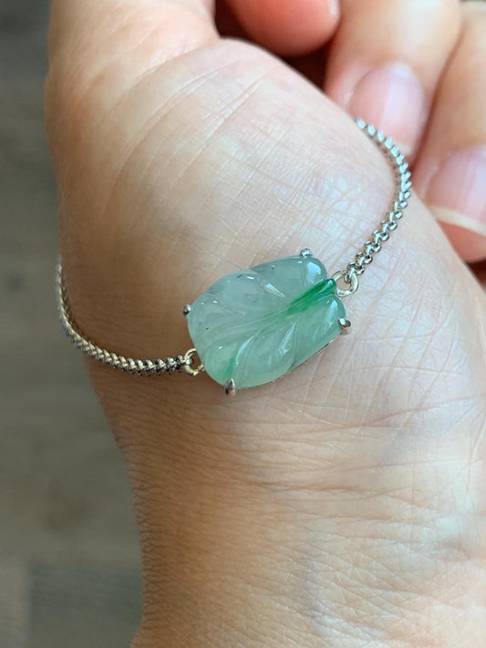 Certified Natural Grade A Icy Translucent Gelatinous Green Marbled Jadeite Leaf Chain Bracelet Sterling Silver 6”-7.75” 天然冰胶绿翡翠福豆银镶手链 9464