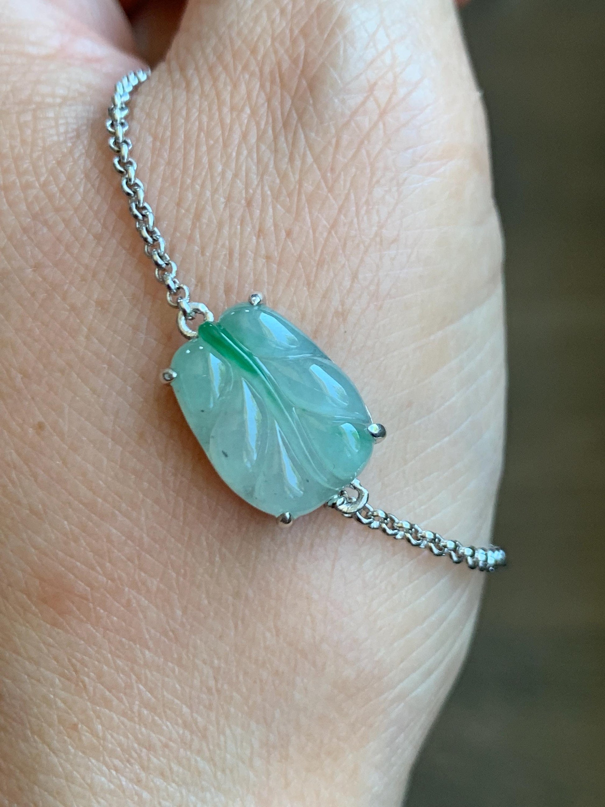 Certified Natural Grade A Icy Translucent Gelatinous Green Marbled Jadeite Leaf Chain Bracelet Sterling Silver 6”-7.75” 天然冰胶绿翡翠福豆银镶手链 9464
