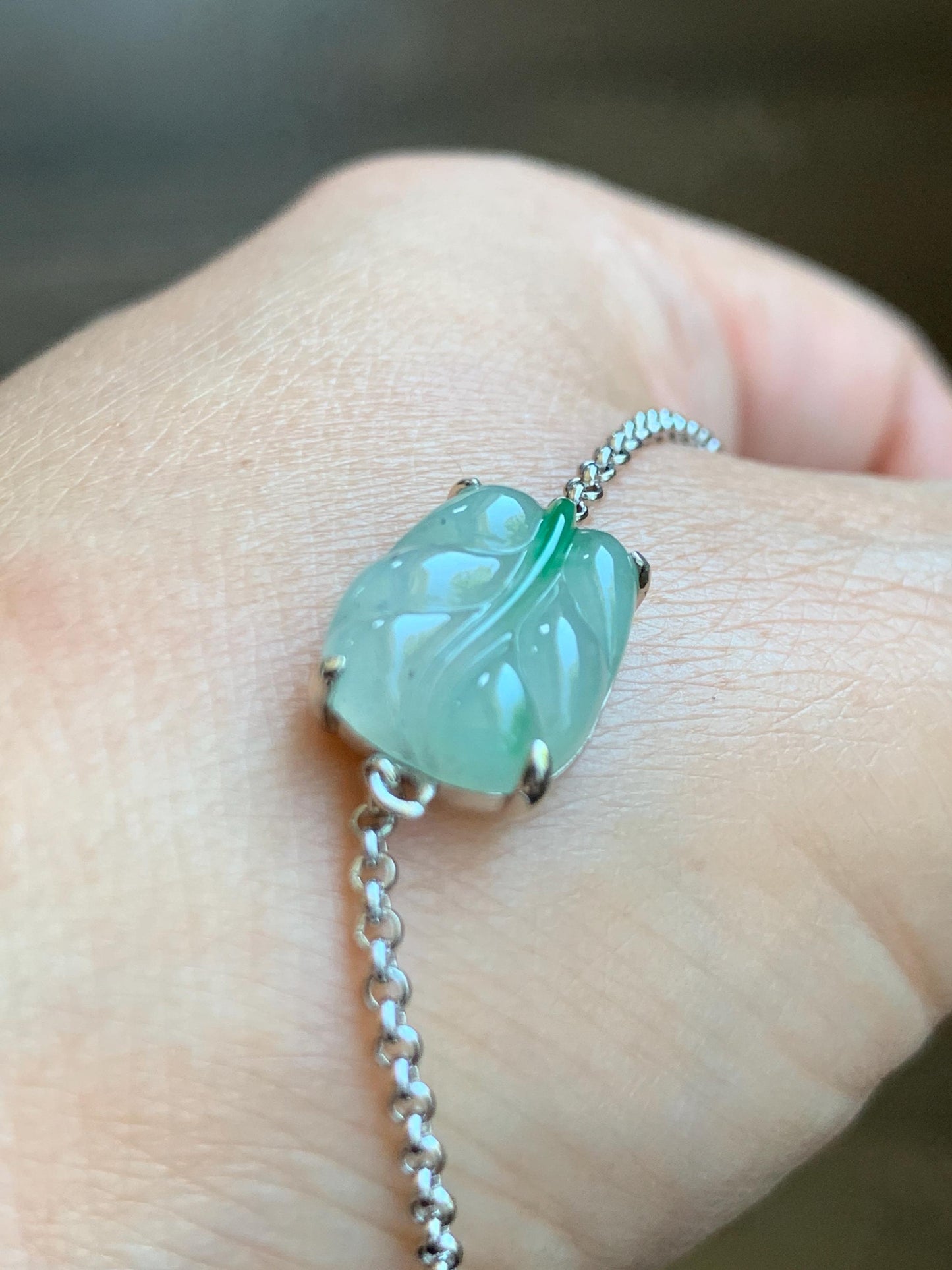 Certified Natural Grade A Icy Translucent Gelatinous Green Marbled Jadeite Leaf Chain Bracelet Sterling Silver 6”-7.75” 天然冰胶绿翡翠福豆银镶手链 9464