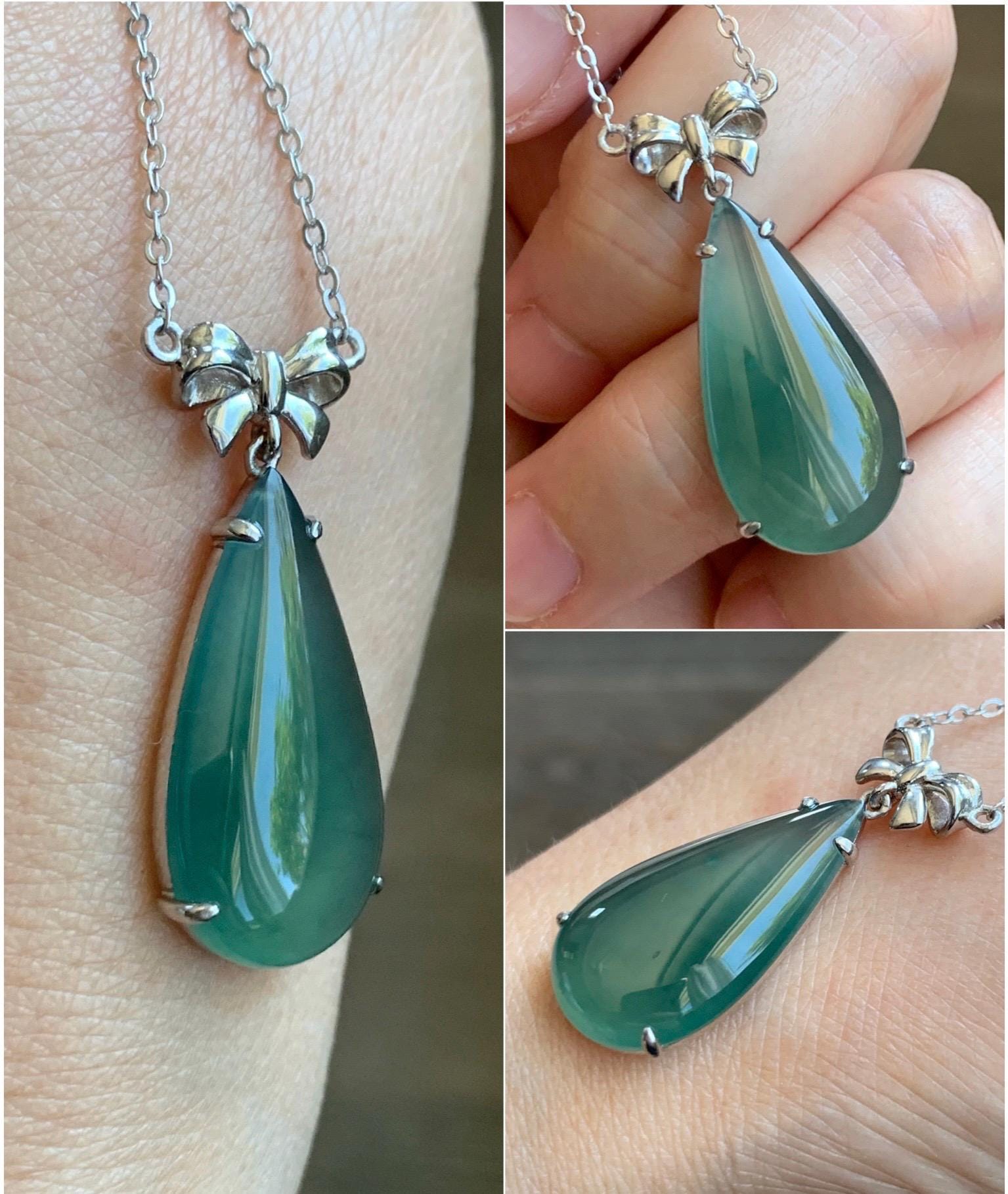 Certified Natural Guatemalan Icy Highly Translucent Teal Green Jadeite Teardrop Pendant Necklace Sterling Silver 16.75” 天然冰危蓝绿翡翠水滴锁骨链 9436