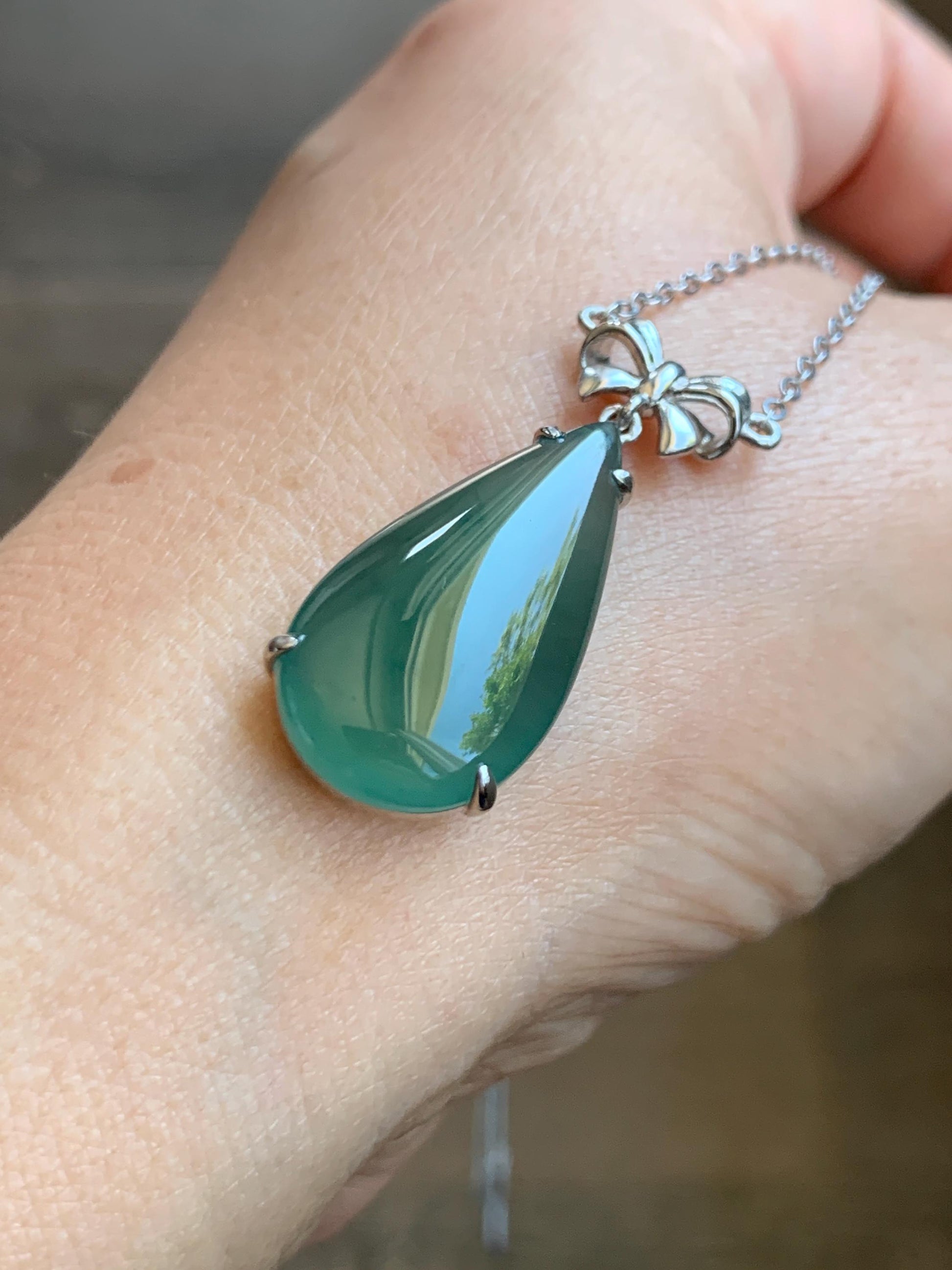 Certified Natural Guatemalan Icy Highly Translucent Teal Green Jadeite Teardrop Pendant Necklace Sterling Silver 16.75” 天然冰危蓝绿翡翠水滴锁骨链 9436