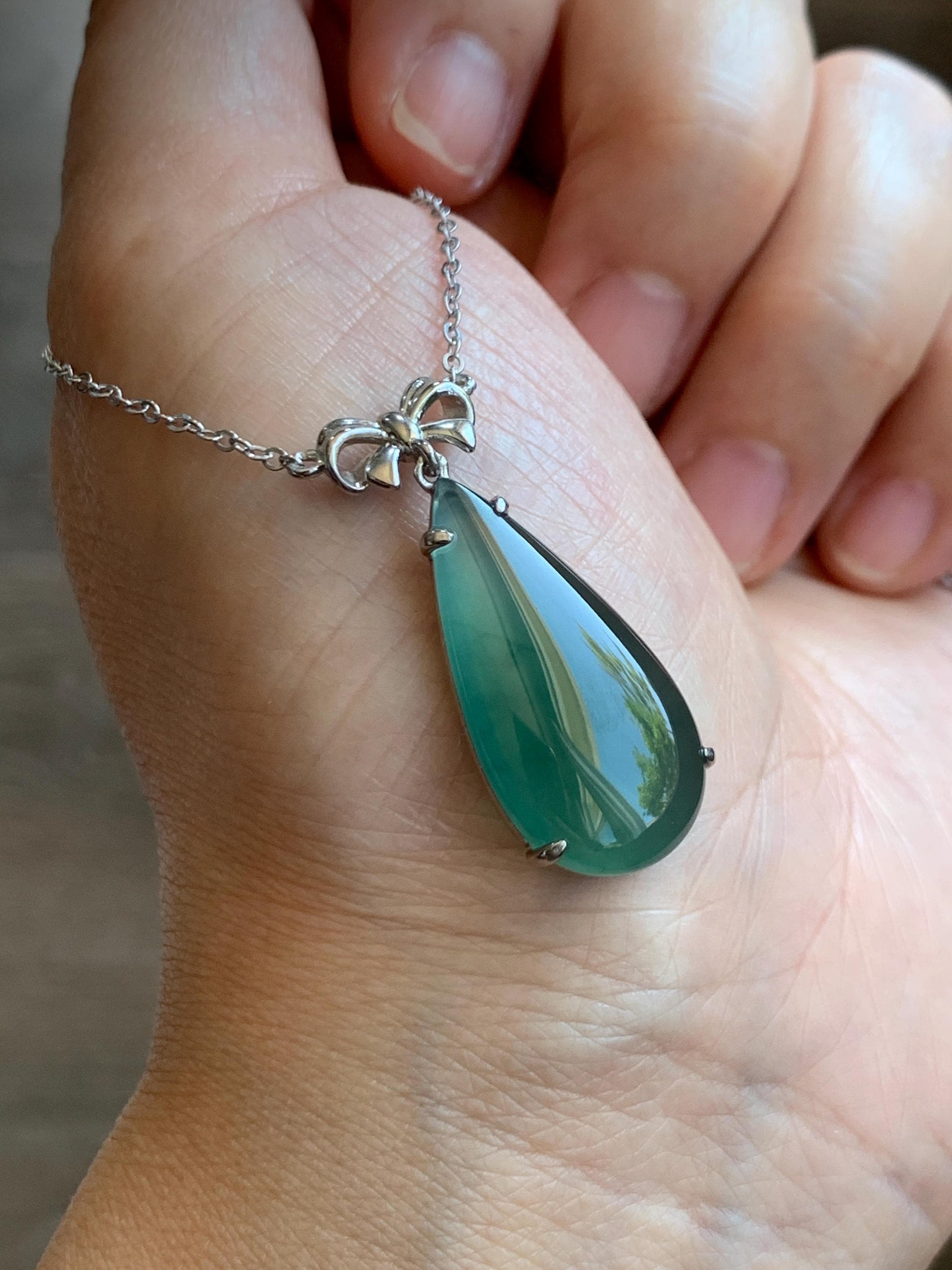 Certified Natural Guatemalan Icy Highly Translucent Teal Green Jadeite Teardrop Pendant Necklace Sterling Silver 16.75” 天然冰危蓝绿翡翠水滴锁骨链 9436