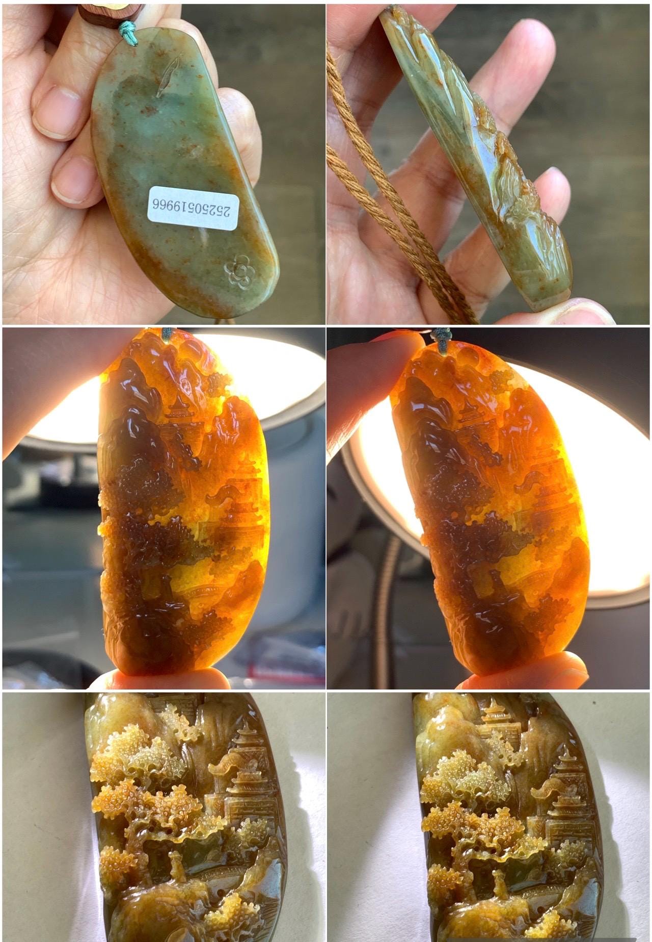 Large Certified Natural Grade A Icy Translucent Brownish Red & Dark Green Jadeite Shan Shui Pendant Rope Necklace 32” 天然冰红加绿翡翠山水牌吊坠 9966