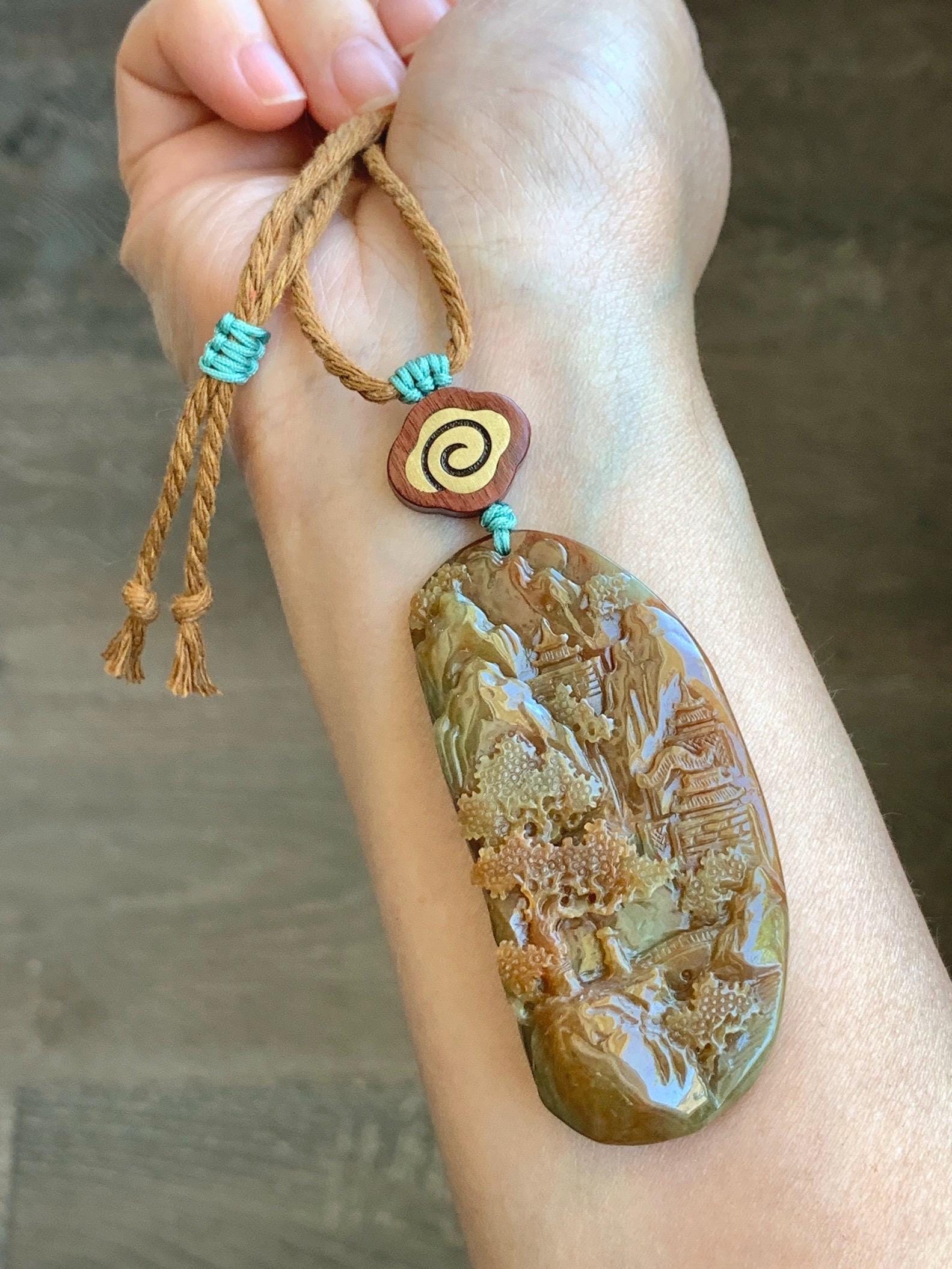 Large Certified Natural Grade A Icy Translucent Brownish Red & Dark Green Jadeite Shan Shui Pendant Rope Necklace 32” 天然冰红加绿翡翠山水牌吊坠 9966