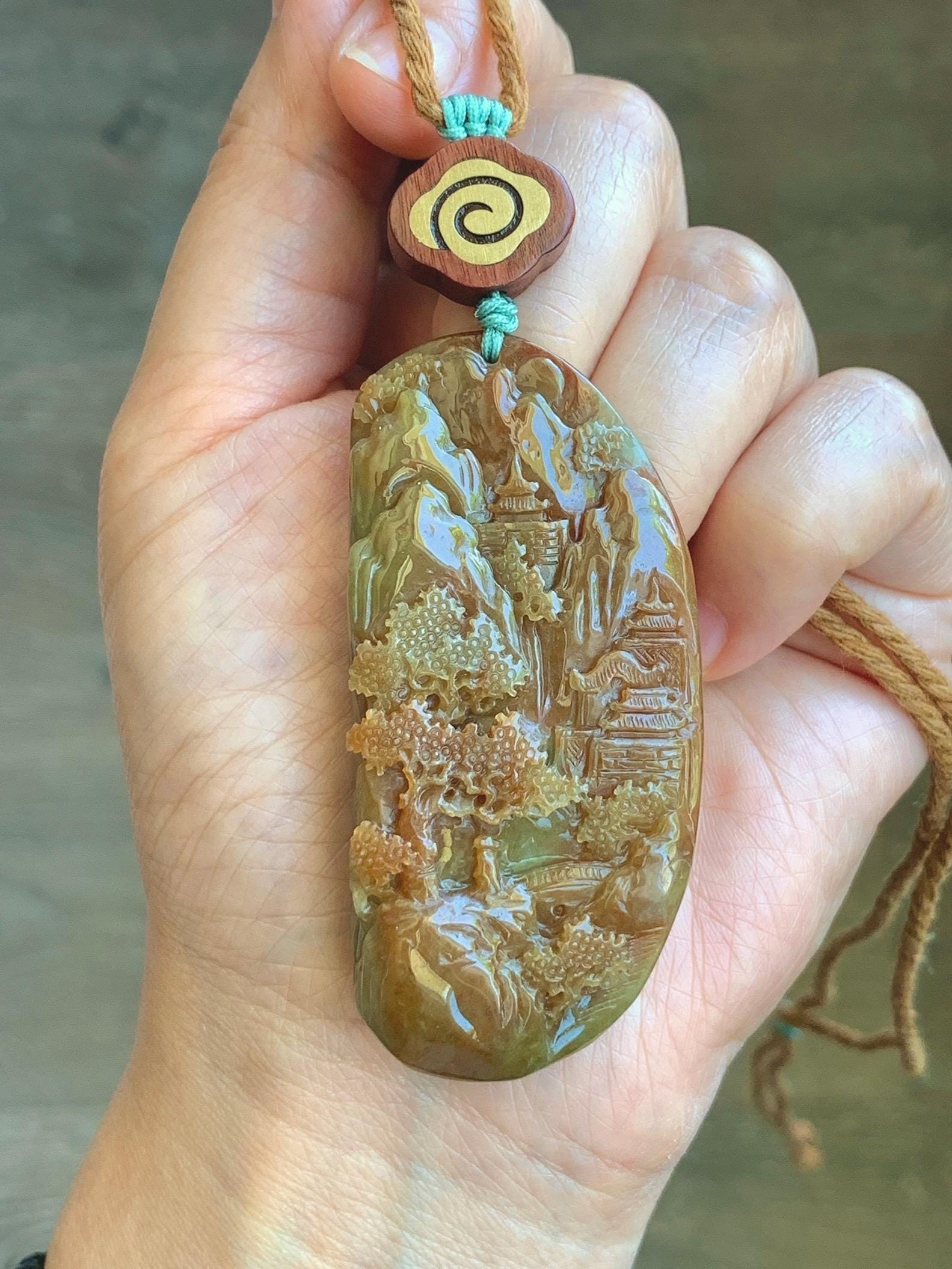 Large Certified Natural Grade A Icy Translucent Brownish Red & Dark Green Jadeite Shan Shui Pendant Rope Necklace 32” 天然冰红加绿翡翠山水牌吊坠 9966