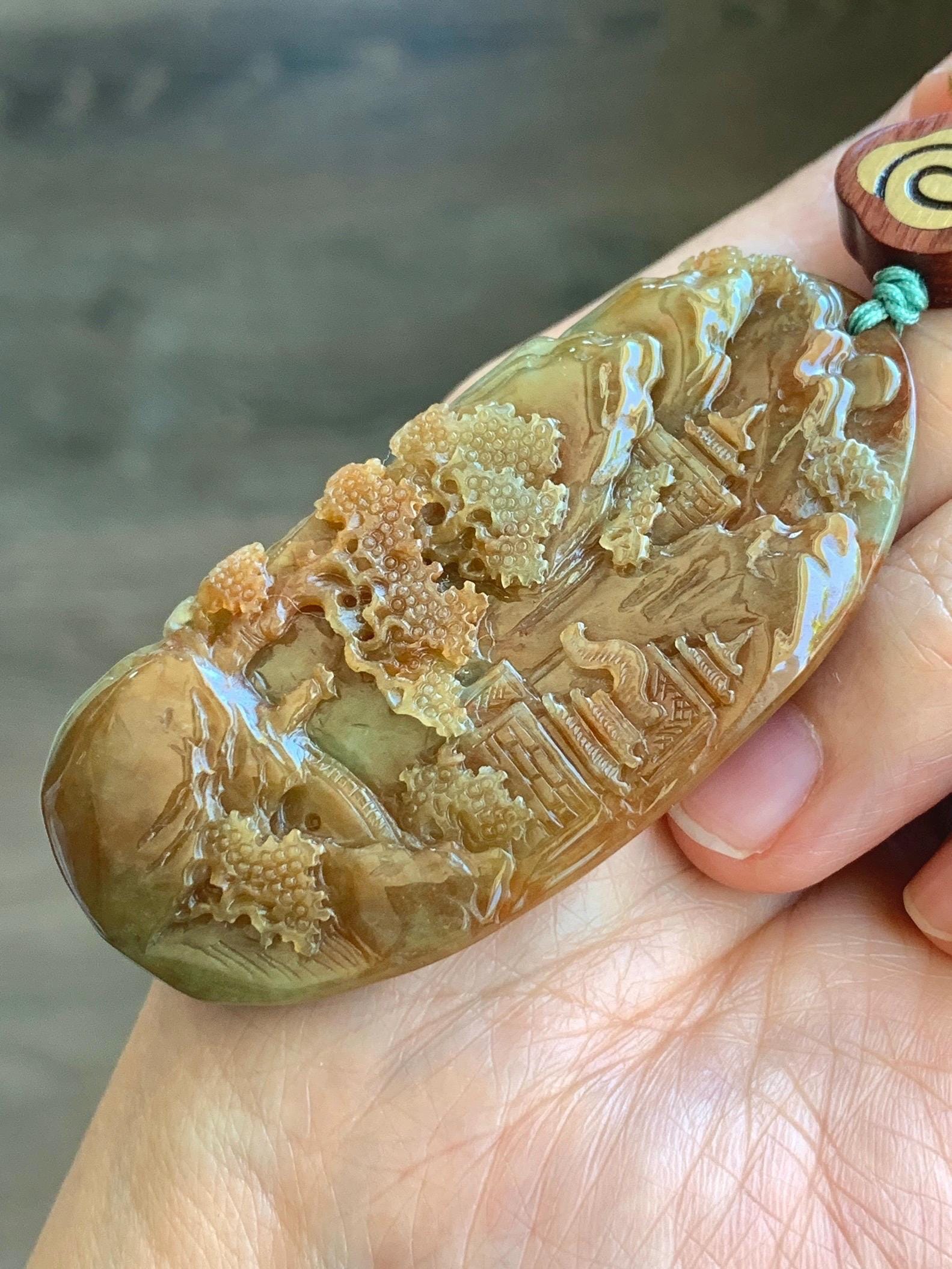 Large Certified Natural Grade A Icy Translucent Brownish Red & Dark Green Jadeite Shan Shui Pendant Rope Necklace 32” 天然冰红加绿翡翠山水牌吊坠 9966