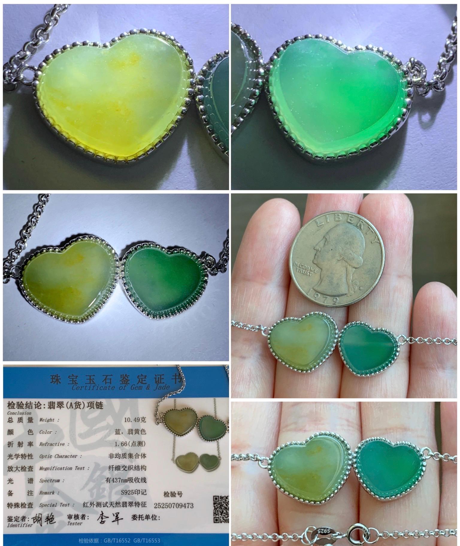 Certified Natural Guatemalan Icy Highly Translucent Yellow & Teal Green Jadeite Heart Pendant Necklace Sterling Silver 19” 天然冰危翡翠爱心锁骨链 9473