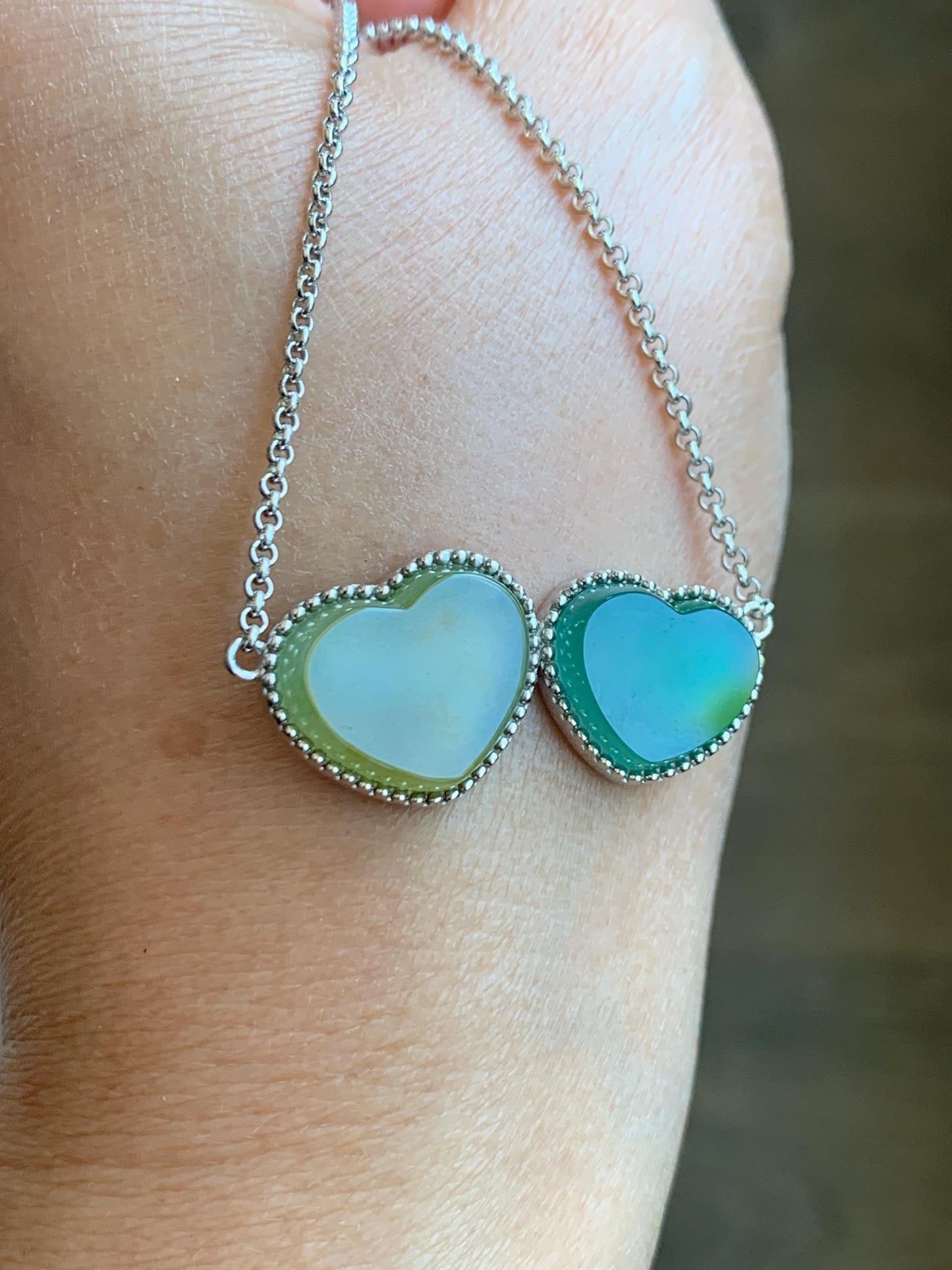 Certified Natural Guatemalan Icy Highly Translucent Yellow & Teal Green Jadeite Heart Pendant Necklace Sterling Silver 19” 天然冰危翡翠爱心锁骨链 9473