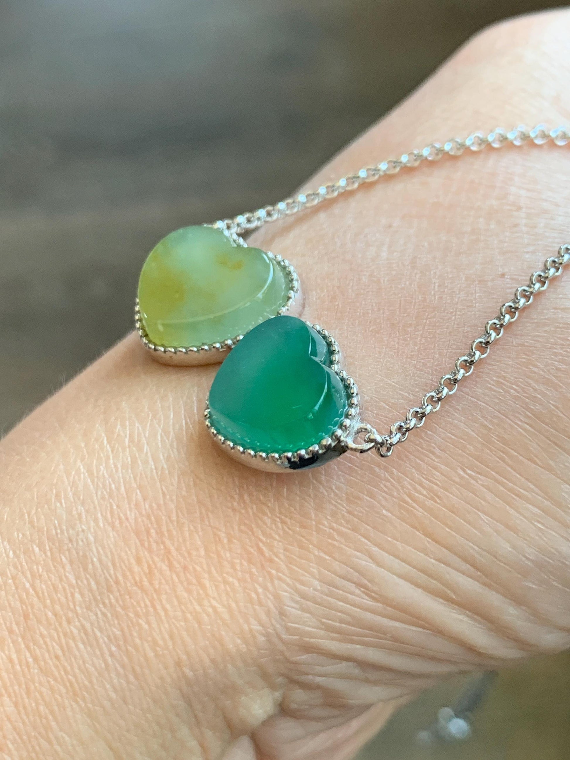 Certified Natural Guatemalan Icy Highly Translucent Yellow & Teal Green Jadeite Heart Pendant Necklace Sterling Silver 19” 天然冰危翡翠爱心锁骨链 9473
