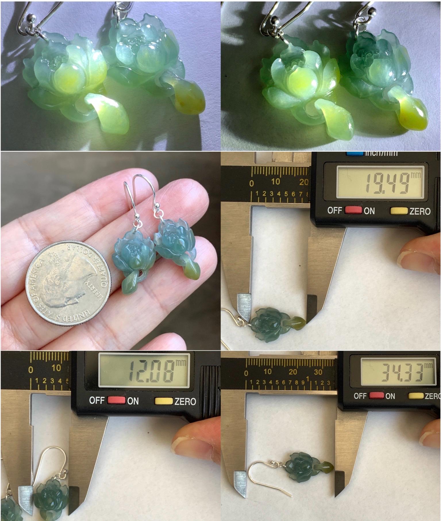 Natural Guatemalan Icy Translucent Light Blue Jadeite Lotus Flower w/ Interlocking Drops Dangle Earrings Sterling Silver 天然冰危蓝飘黄翡翠莲花环环相扣银耳钩