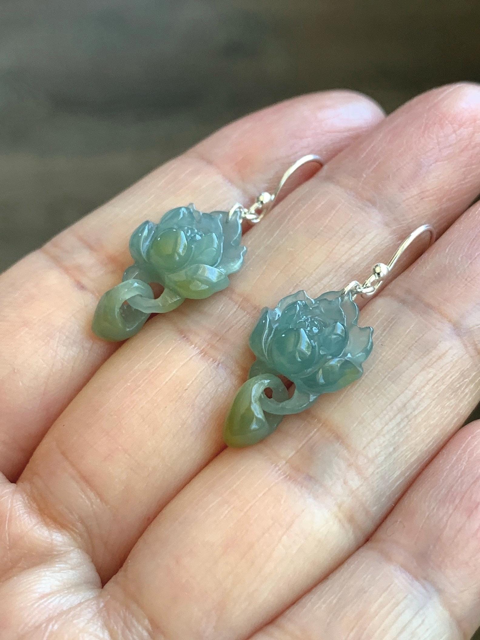 Natural Guatemalan Icy Translucent Light Blue Jadeite Lotus Flower w/ Interlocking Drops Dangle Earrings Sterling Silver 天然冰危蓝飘黄翡翠莲花环环相扣银耳钩