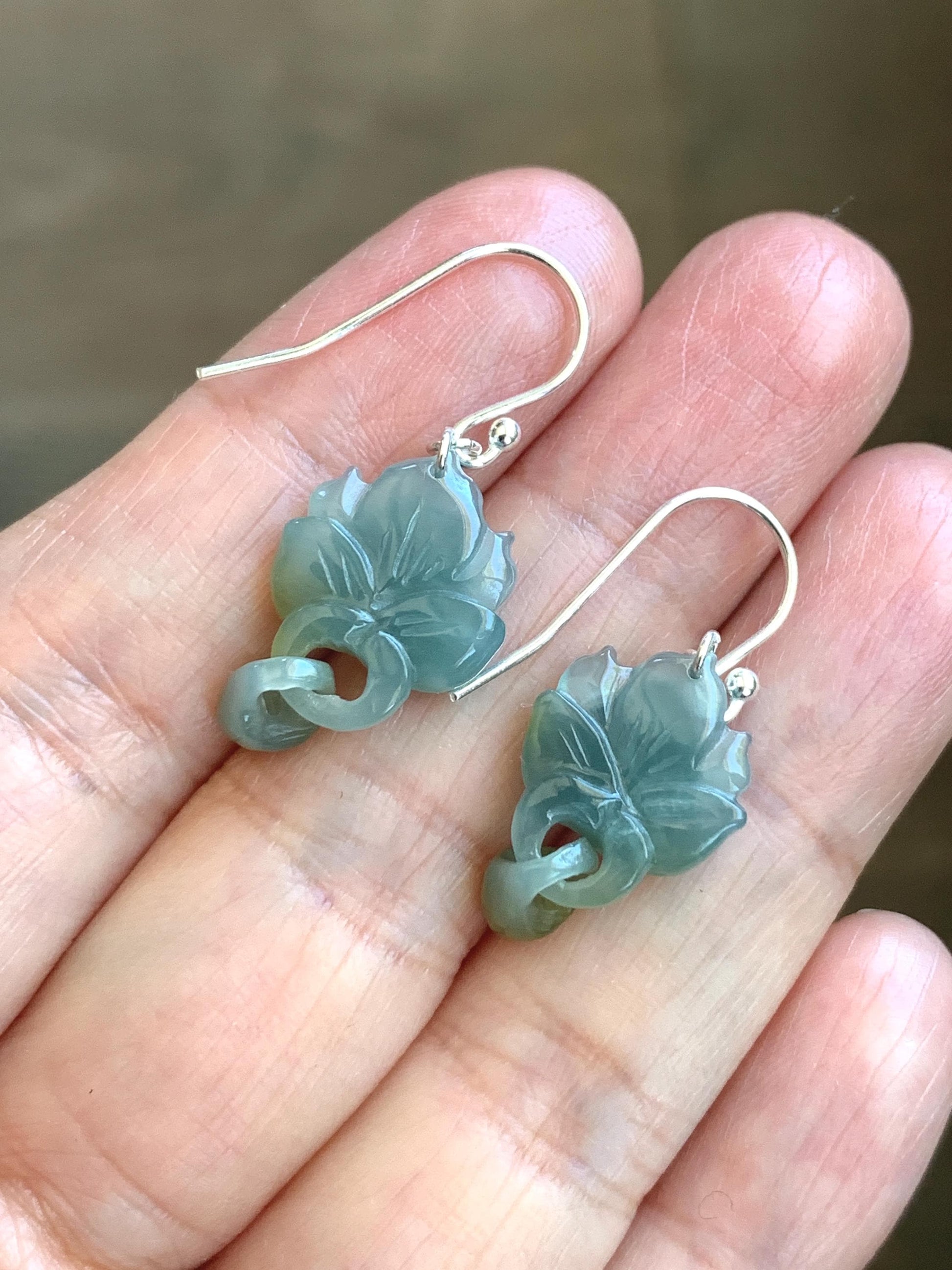 Natural Guatemalan Icy Translucent Light Blue Jadeite Lotus Flower w/ Interlocking Drops Dangle Earrings Sterling Silver 天然冰危蓝飘黄翡翠莲花环环相扣银耳钩