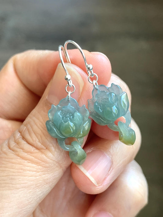 Natural Guatemalan Icy Translucent Light Blue Jadeite Lotus Flower w/ Interlocking Drops Dangle Earrings Sterling Silver 天然冰危蓝飘黄翡翠莲花环环相扣银耳钩