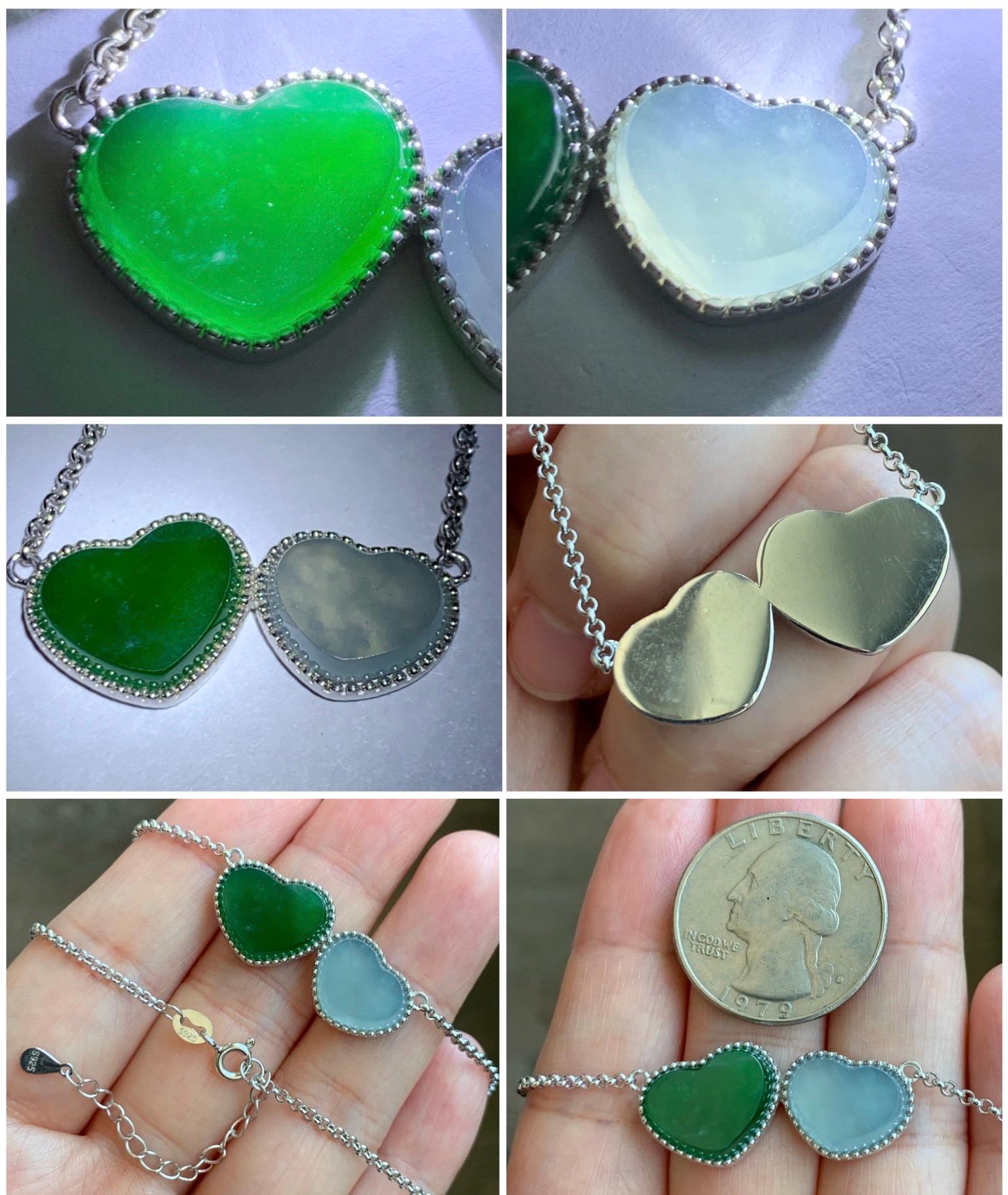 Certified Natural Guatemalan Icy Highly Translucent Teal Green Pastel Blue Jadeite Heart Pendant Necklace Sterling Silver 天然冰危翡翠爱心锁骨链 9472
