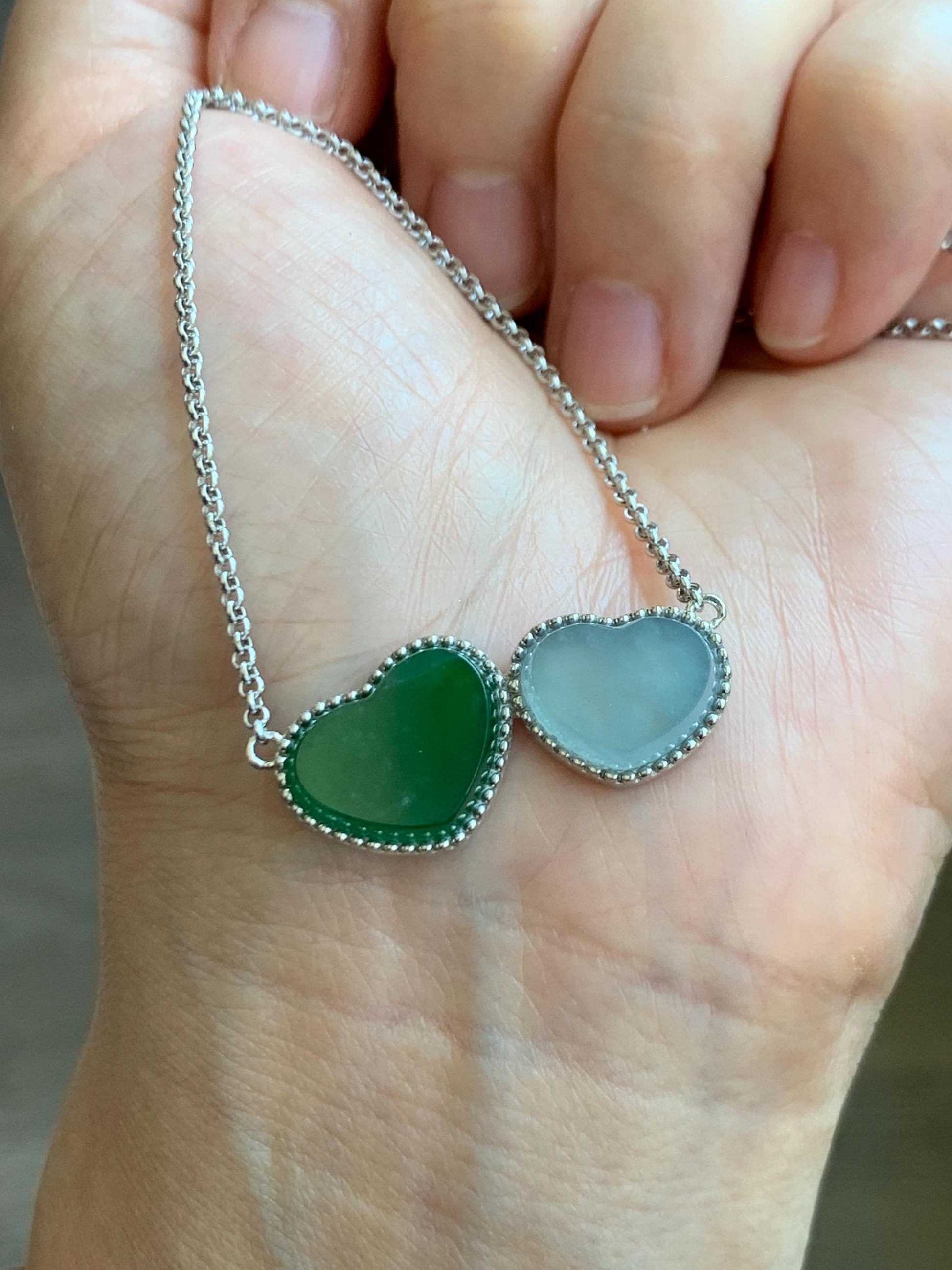 Certified Natural Guatemalan Icy Highly Translucent Teal Green Pastel Blue Jadeite Heart Pendant Necklace Sterling Silver 天然冰危翡翠爱心锁骨链 9472
