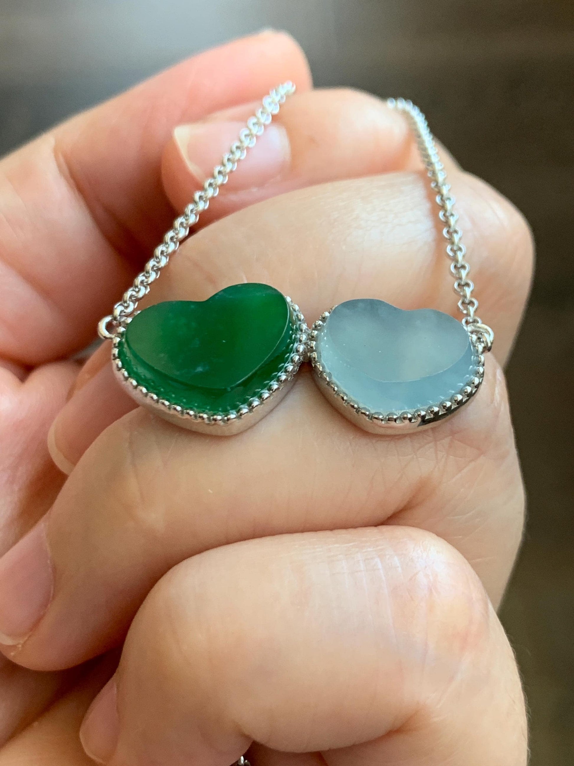Certified Natural Guatemalan Icy Highly Translucent Teal Green Pastel Blue Jadeite Heart Pendant Necklace Sterling Silver 天然冰危翡翠爱心锁骨链 9472