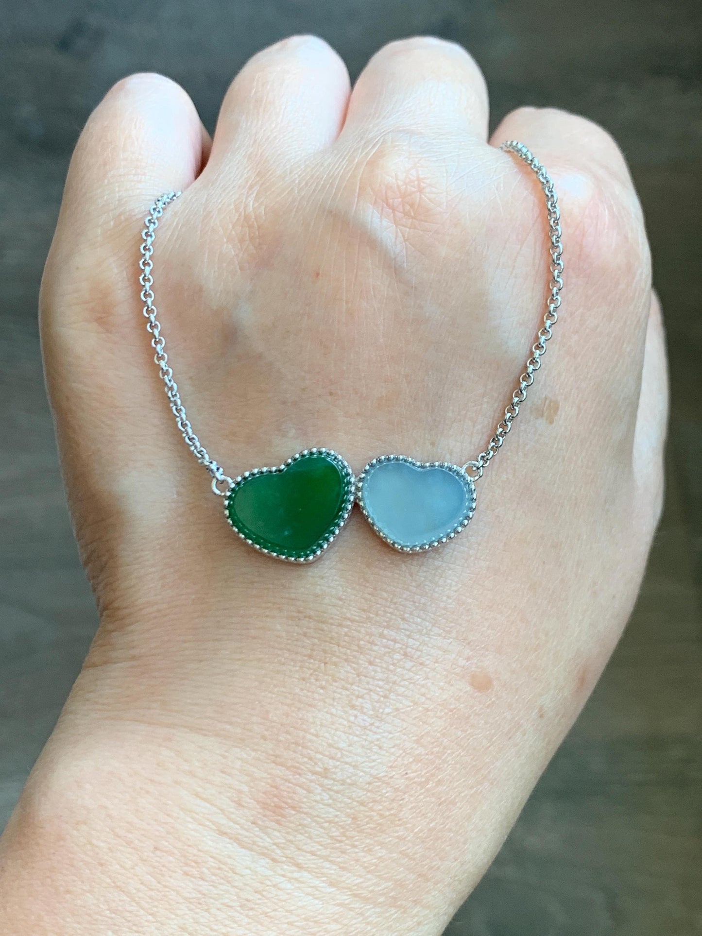 Certified Natural Guatemalan Icy Highly Translucent Teal Green Pastel Blue Jadeite Heart Pendant Necklace Sterling Silver 天然冰危翡翠爱心锁骨链 9472