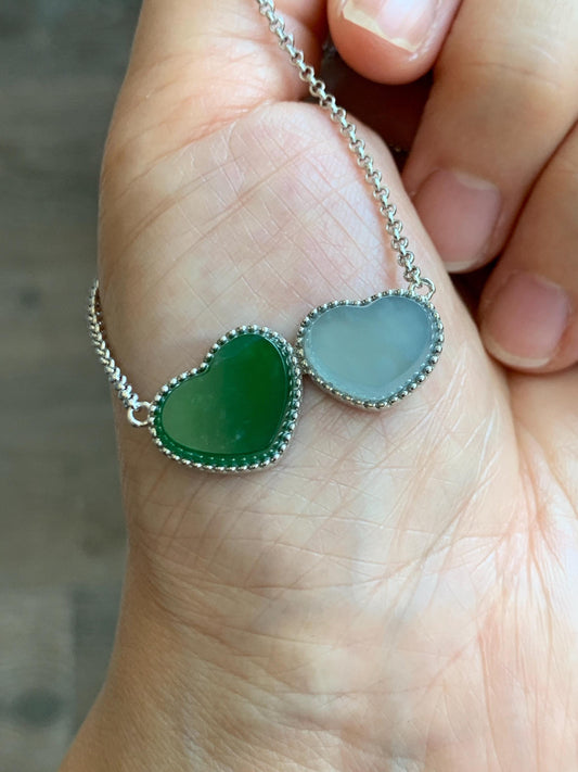 Certified Natural Guatemalan Icy Highly Translucent Teal Green Pastel Blue Jadeite Heart Pendant Necklace Sterling Silver 天然冰危翡翠爱心锁骨链 9472