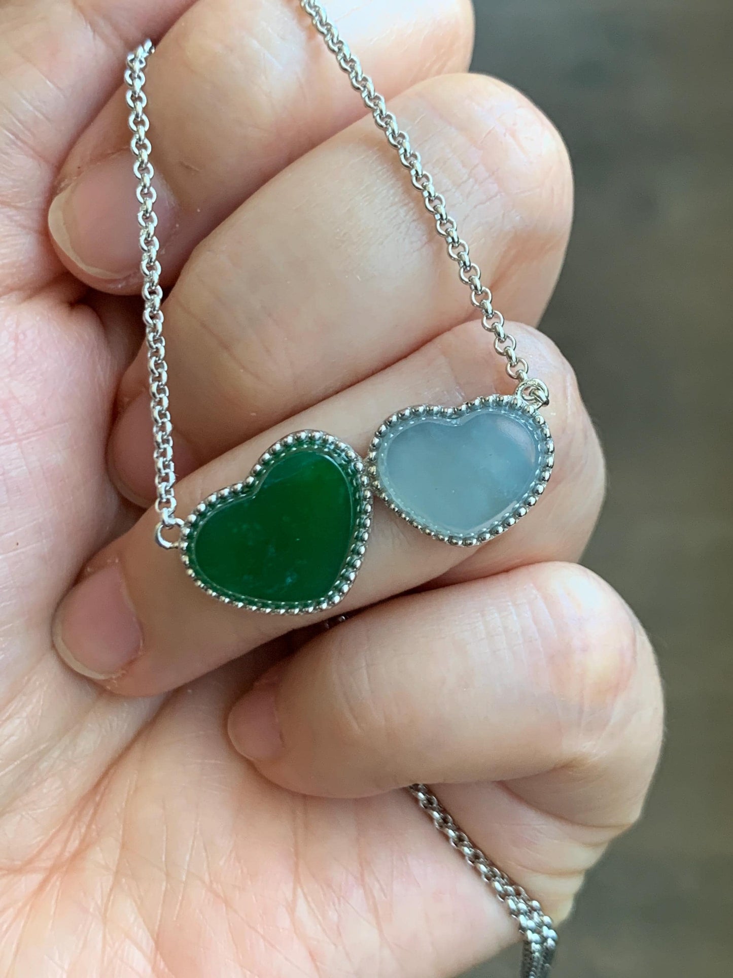Certified Natural Guatemalan Icy Highly Translucent Teal Green Pastel Blue Jadeite Heart Pendant Necklace Sterling Silver 天然冰危翡翠爱心锁骨链 9472