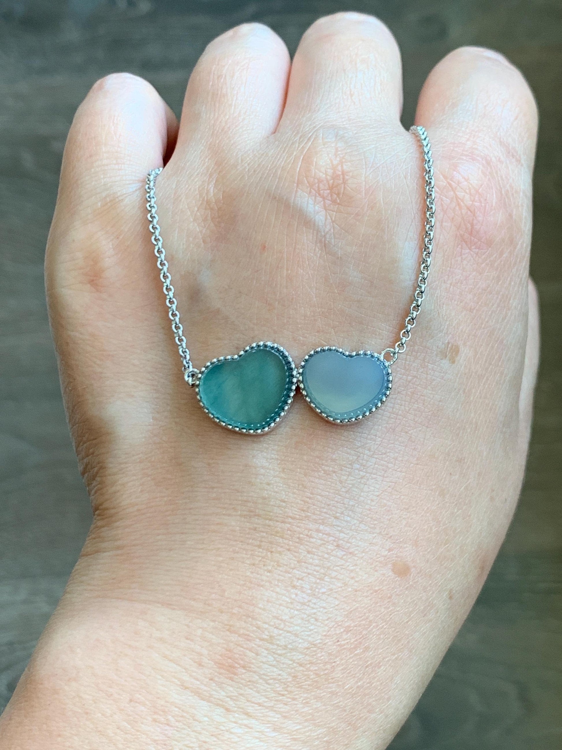 Certified Natural Guatemalan Icy Highly Translucent Teal Blue Pastel Blue Jadeite Heart Pendant Necklace Sterling Silver 天然冰危翡翠爱心锁骨链 9471