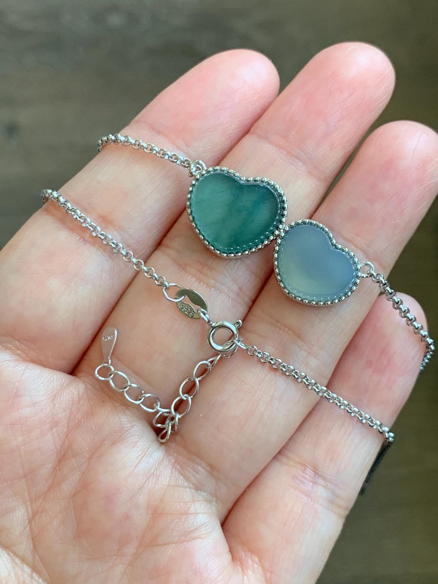 Certified Natural Guatemalan Icy Highly Translucent Teal Blue Pastel Blue Jadeite Heart Pendant Necklace Sterling Silver 天然冰危翡翠爱心锁骨链 9471