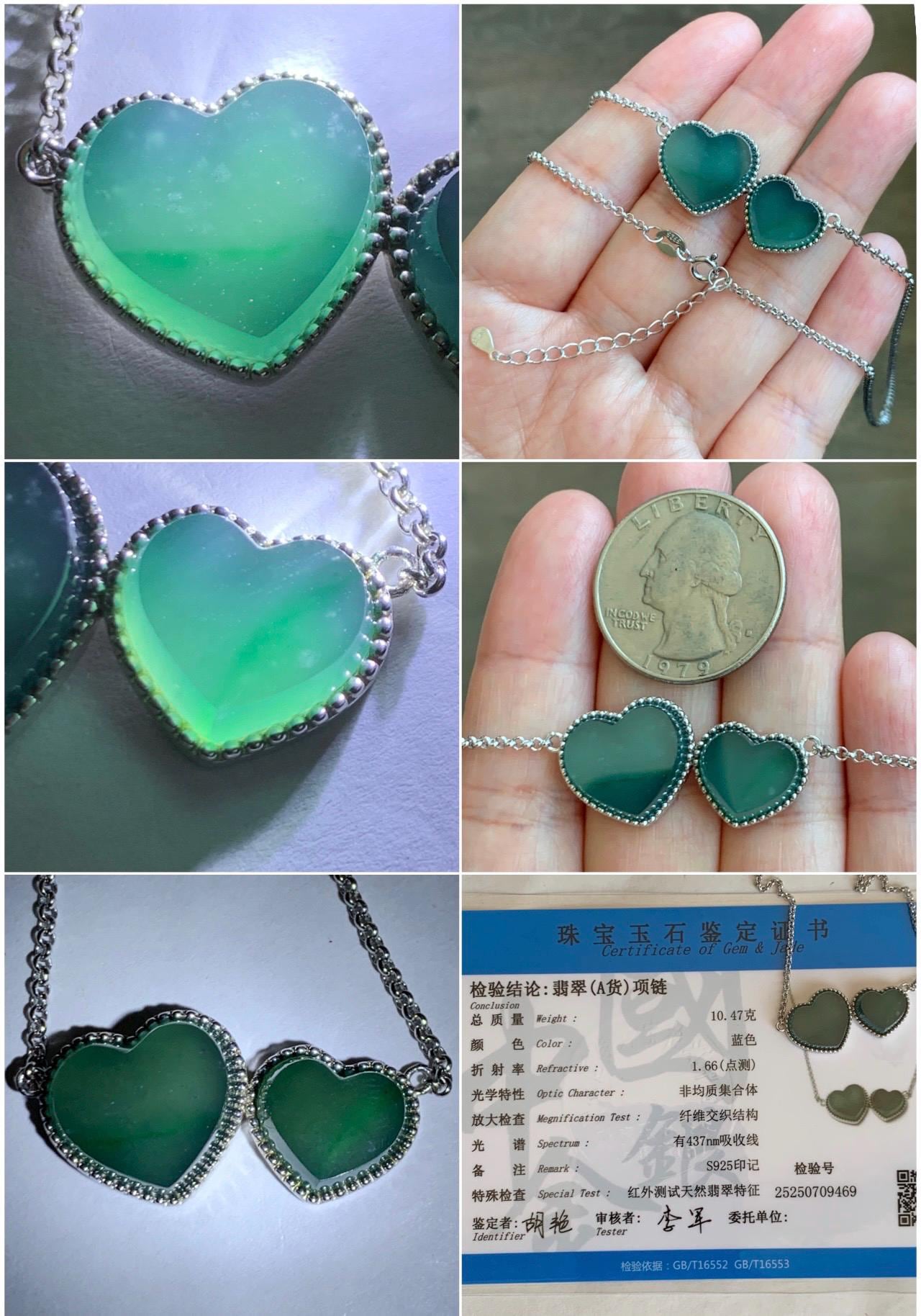 Certified Natural Guatemalan Icy Highly Translucent Dark Teal Blue Jadeite Heart Pendant Necklace Sterling Silver 19” 天然冰危蓝翡翠爱心锁骨链 9469