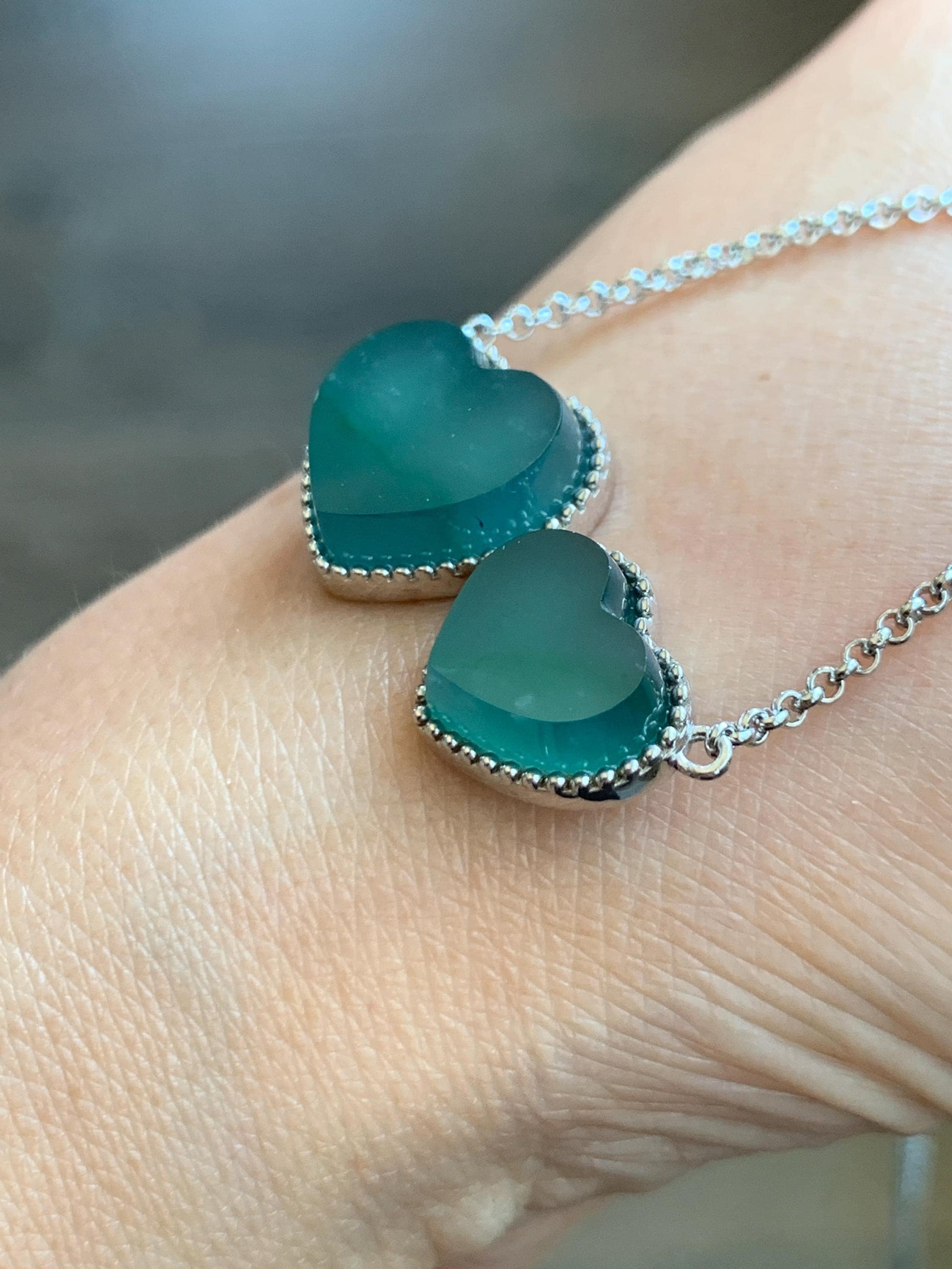 Certified Natural Guatemalan Icy Highly Translucent Dark Teal Blue Jadeite Heart Pendant Necklace Sterling Silver 19” 天然冰危蓝翡翠爱心锁骨链 9469